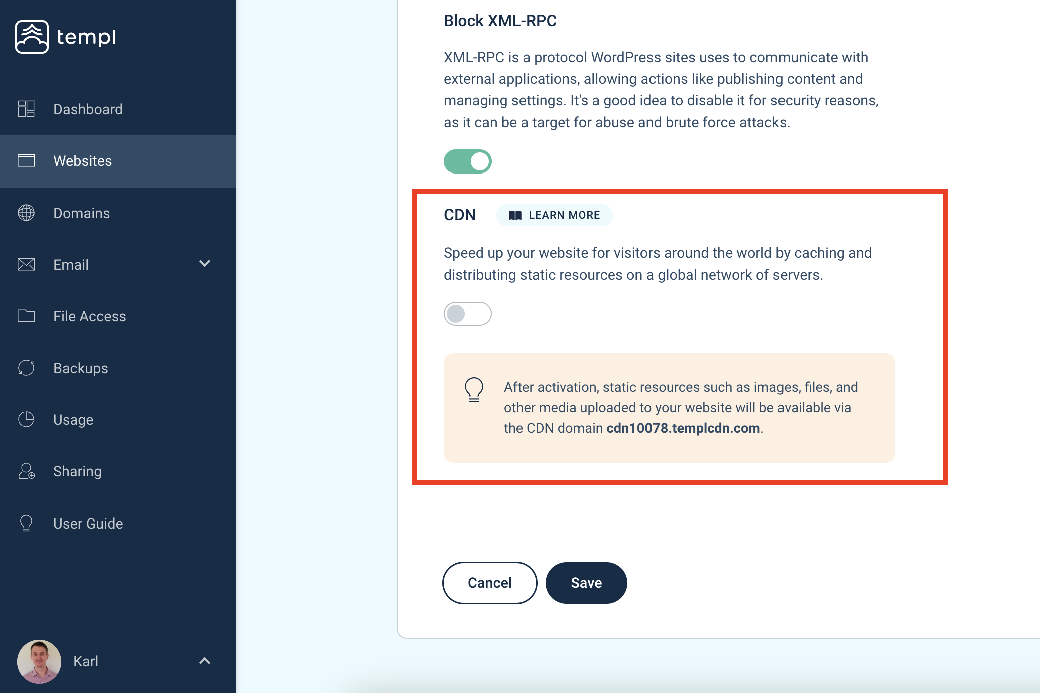 Activating CDN in the Templ Panel Advanced tab