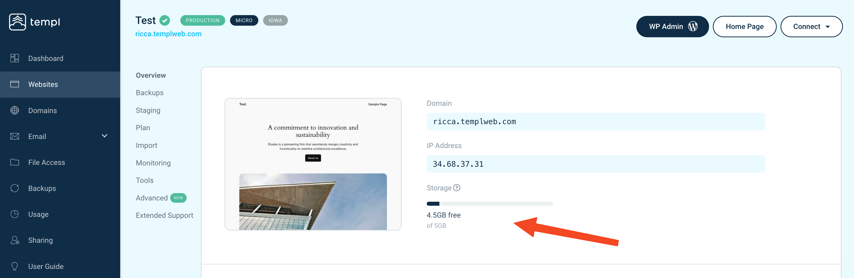 Storage usage shown for a website in the Templ Panel