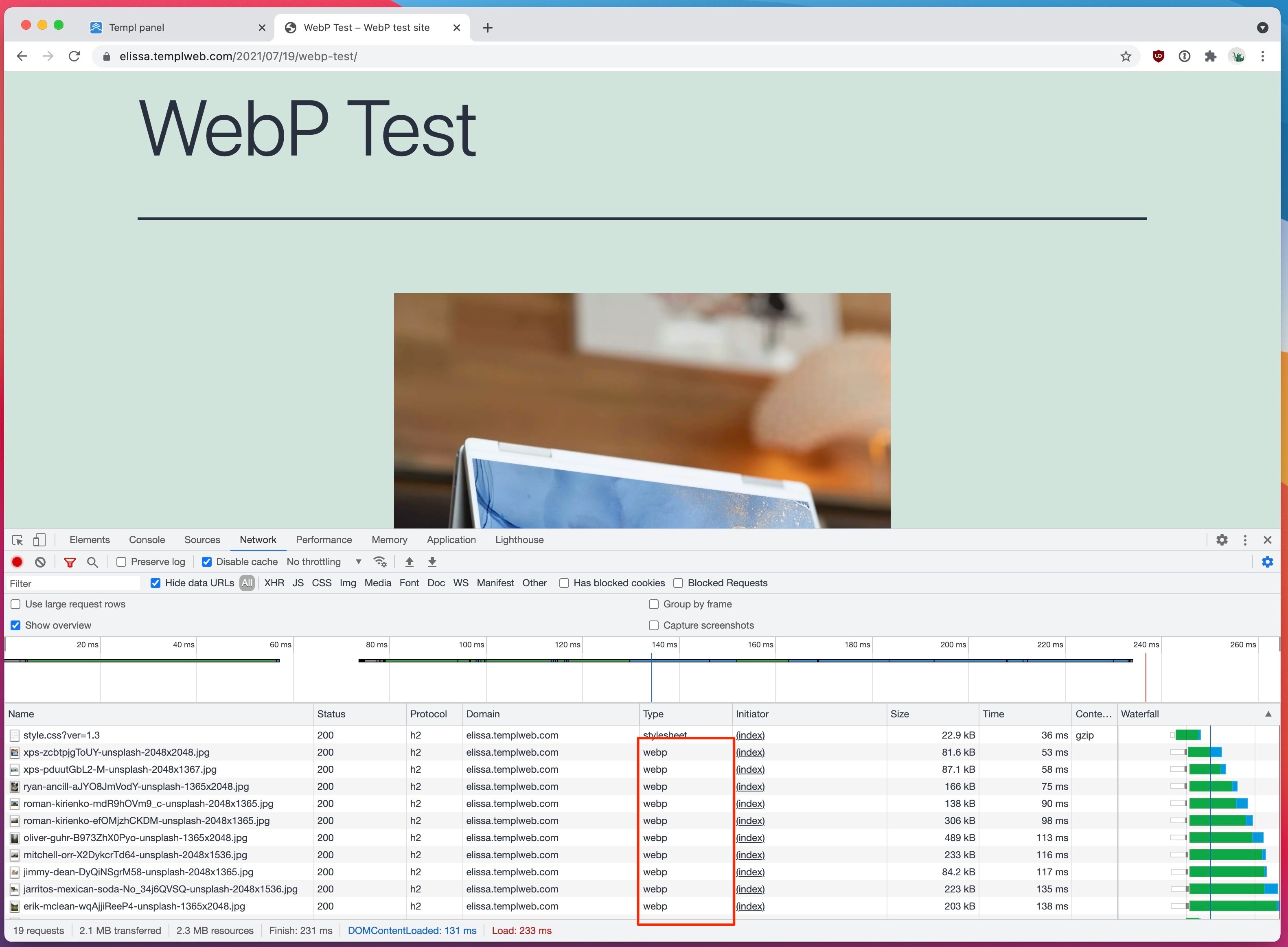 Browser network tab showing images served as WebP