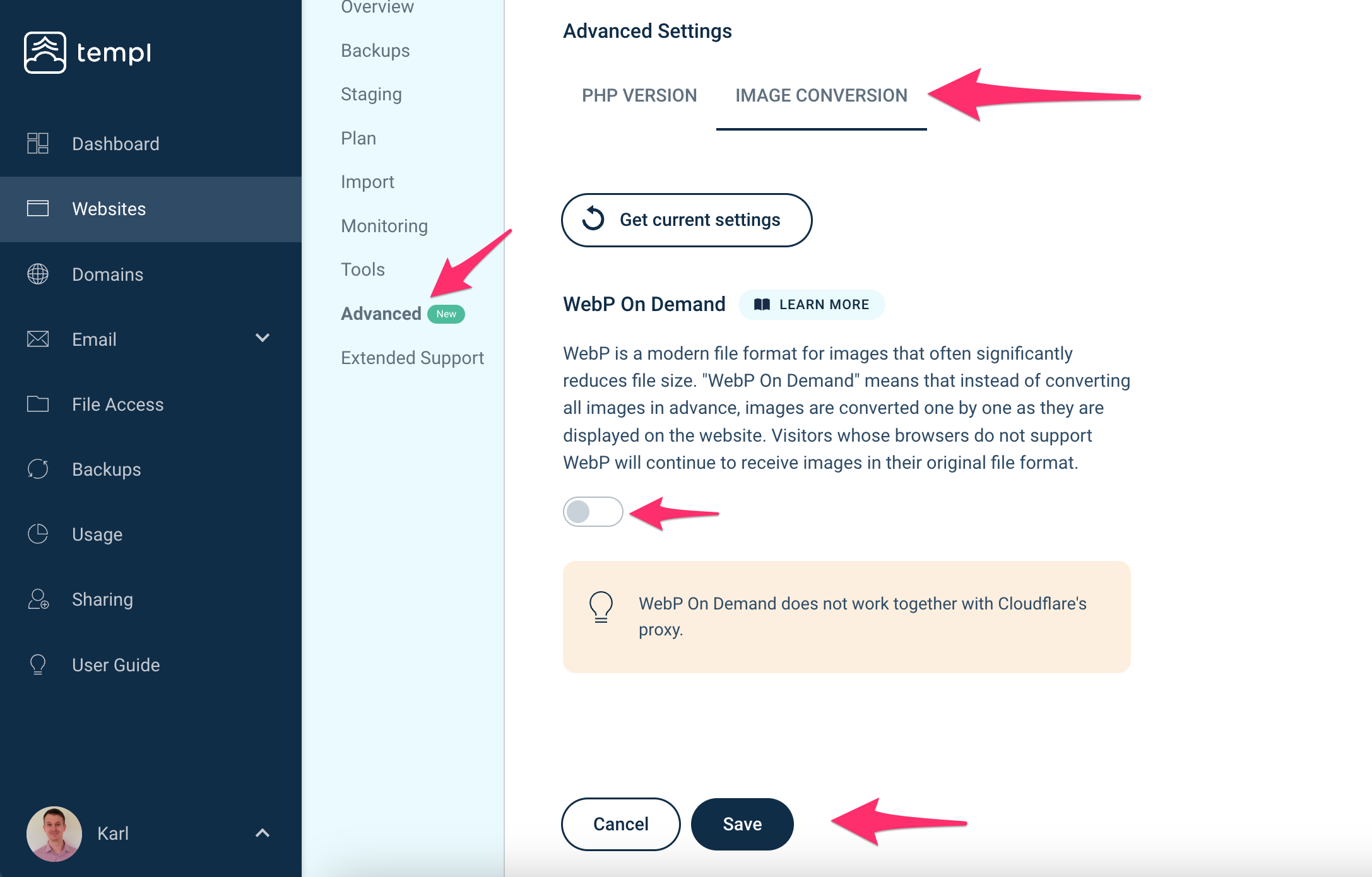 Activating automatic WebP conversion in the Templ Panel