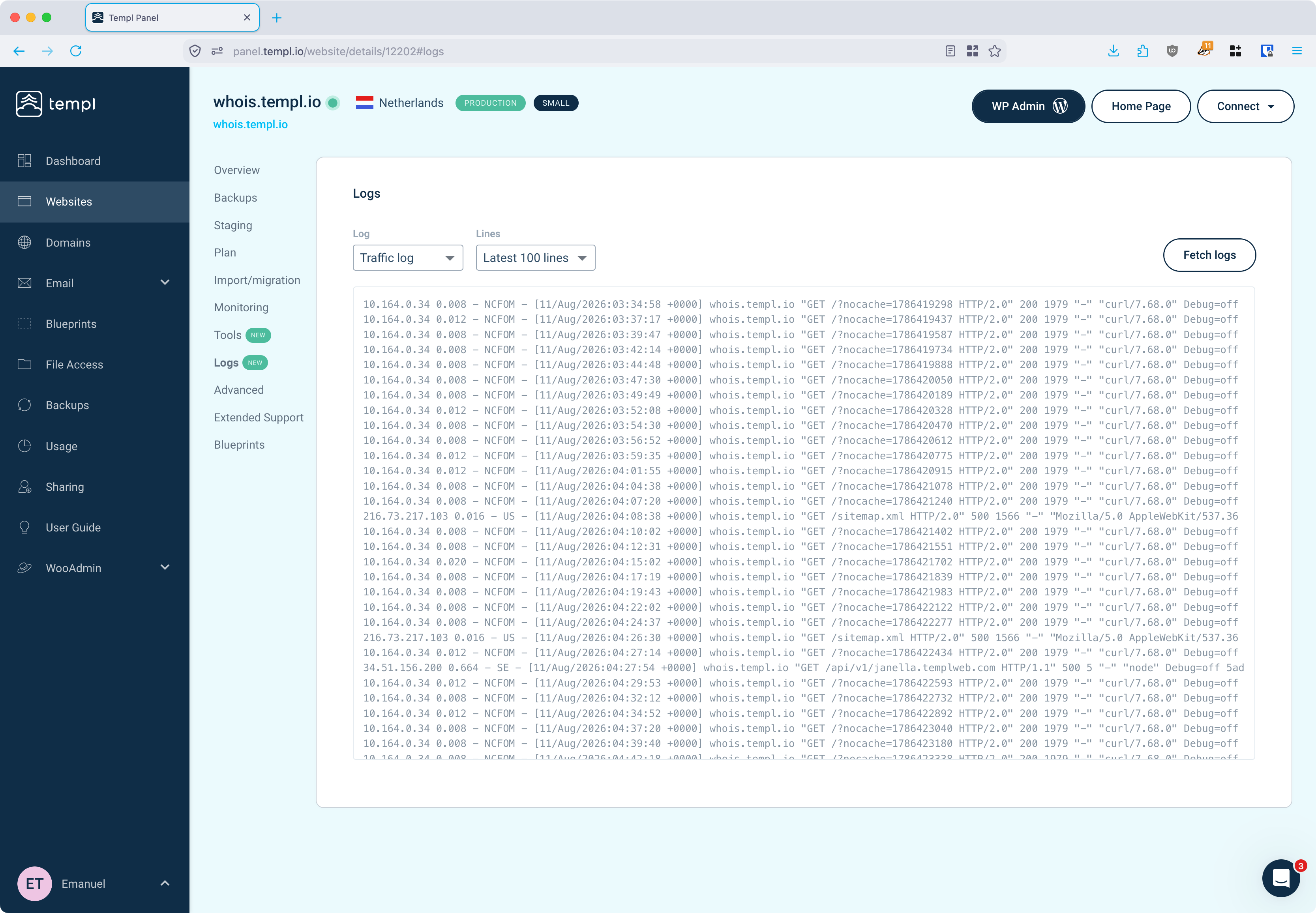 Viewing the traffic log in the Logs tab of the Templ Panel
