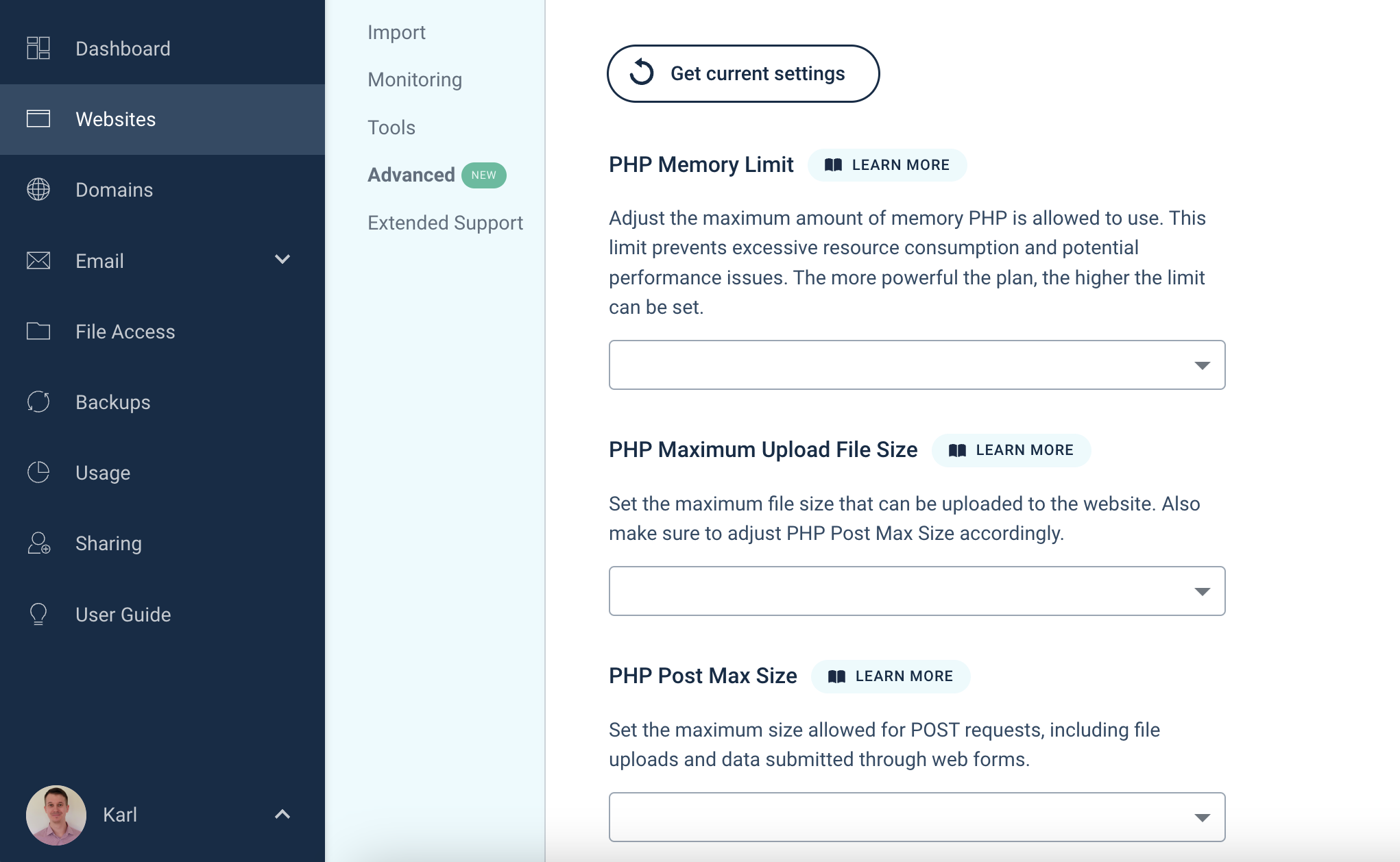 PHP Settings panel in the Templ Panel