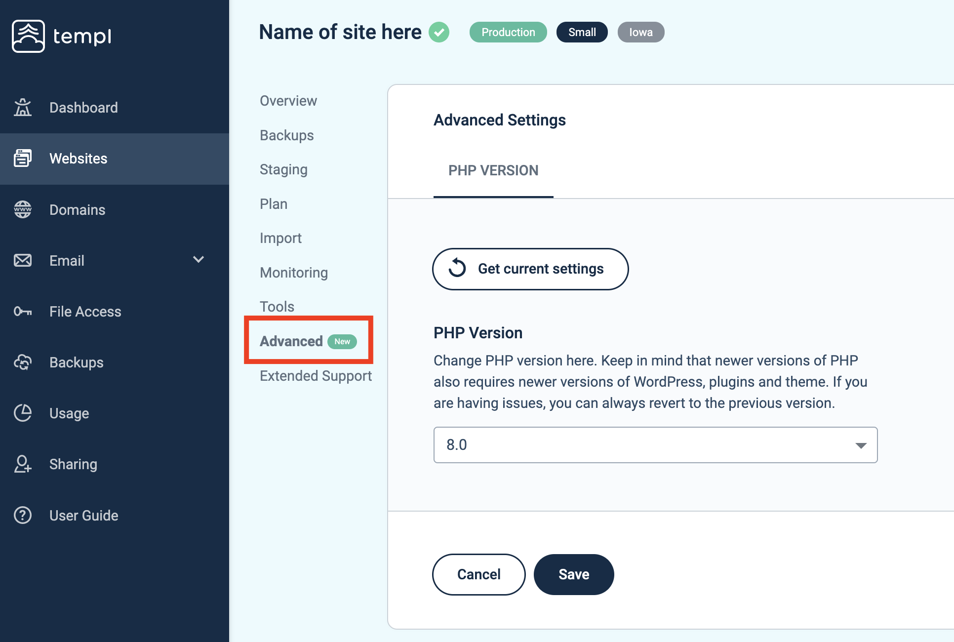 Changing the PHP version in the Templ Panel Advanced tab