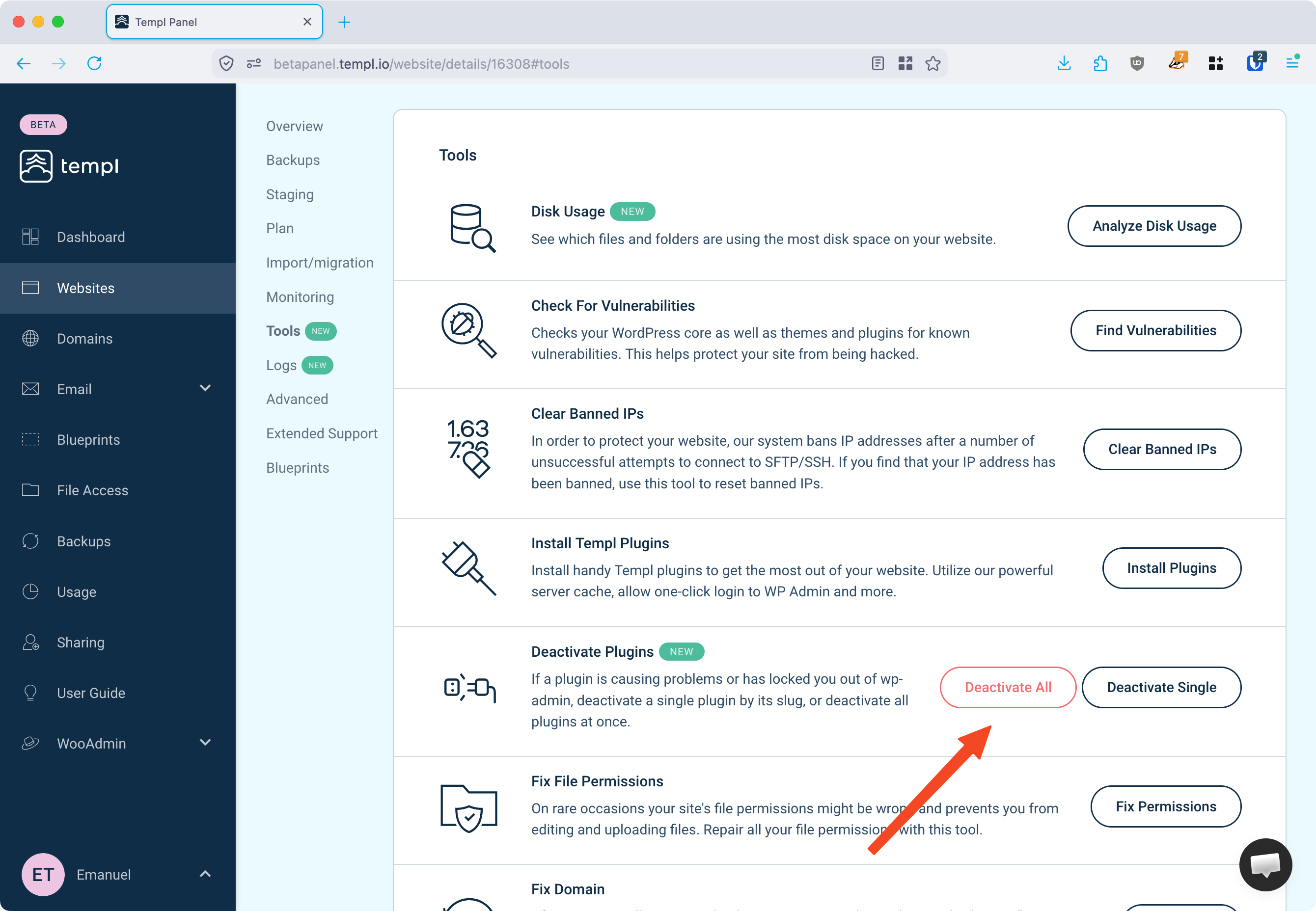 Deactivate All button on the Deactivate Plugins tool in the Templ Panel