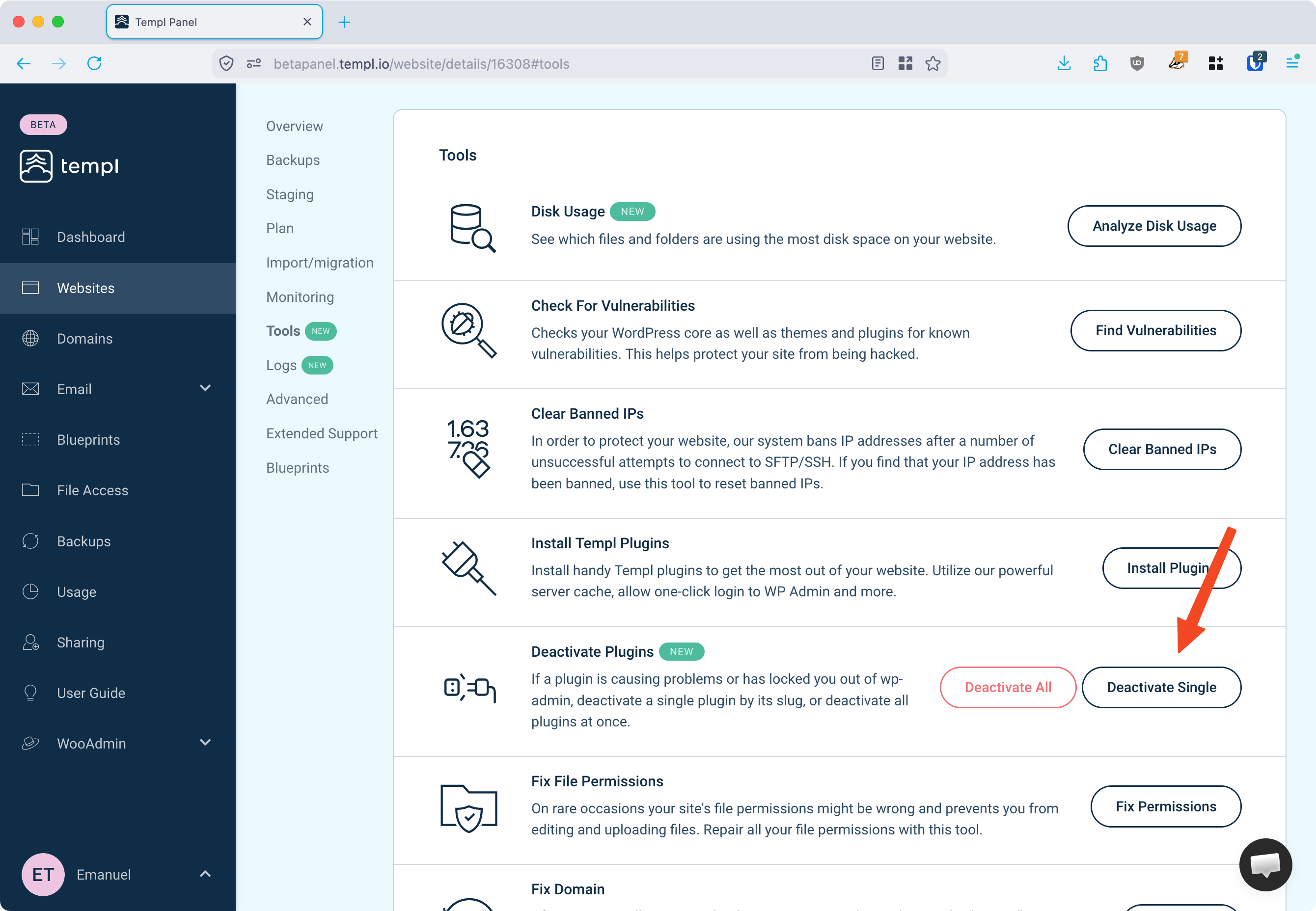 Deactivate Single button on the Deactivate Plugins tool in the Templ Panel