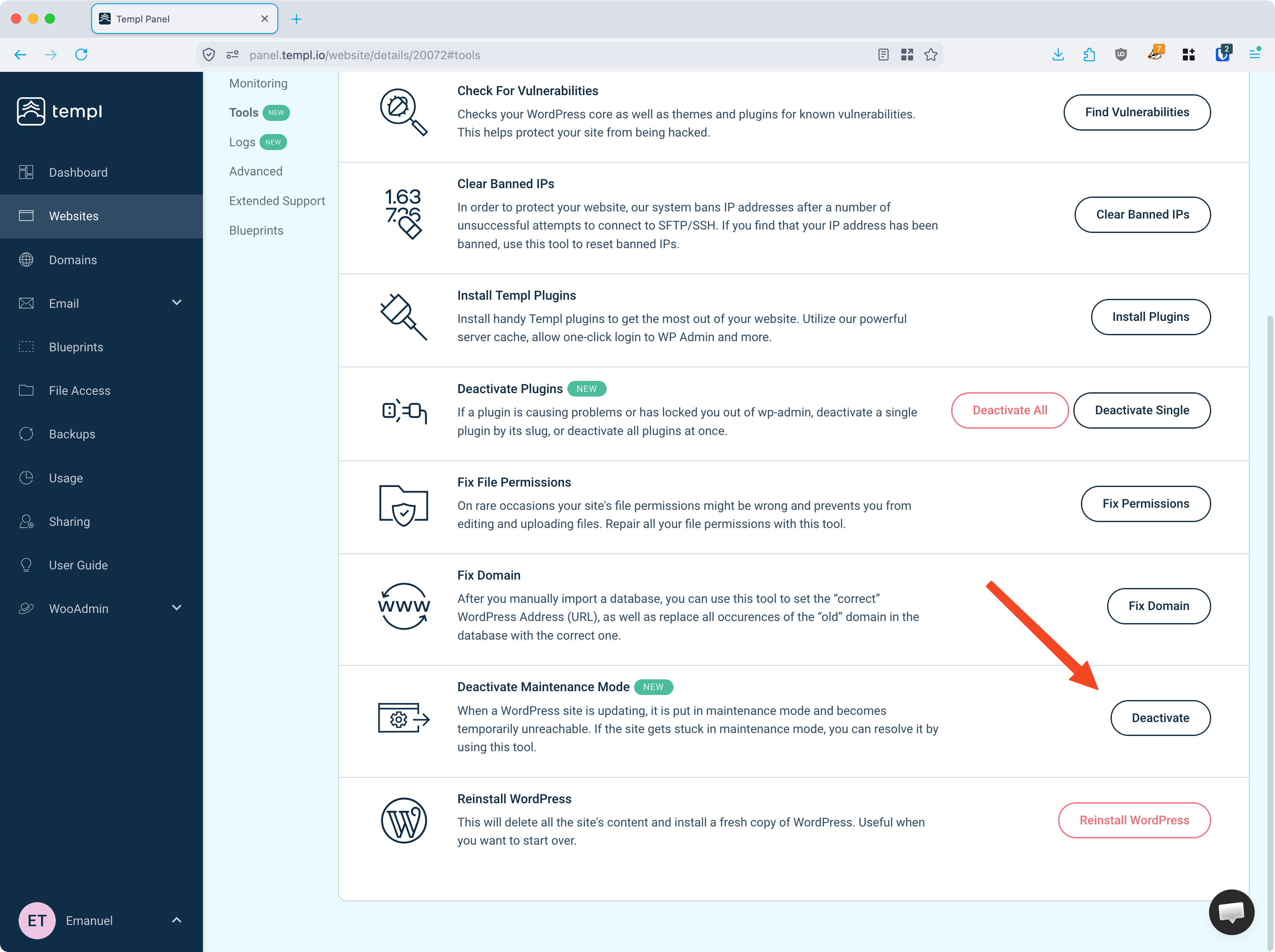 Deactivate Maintenance Mode tool in the Templ Panel