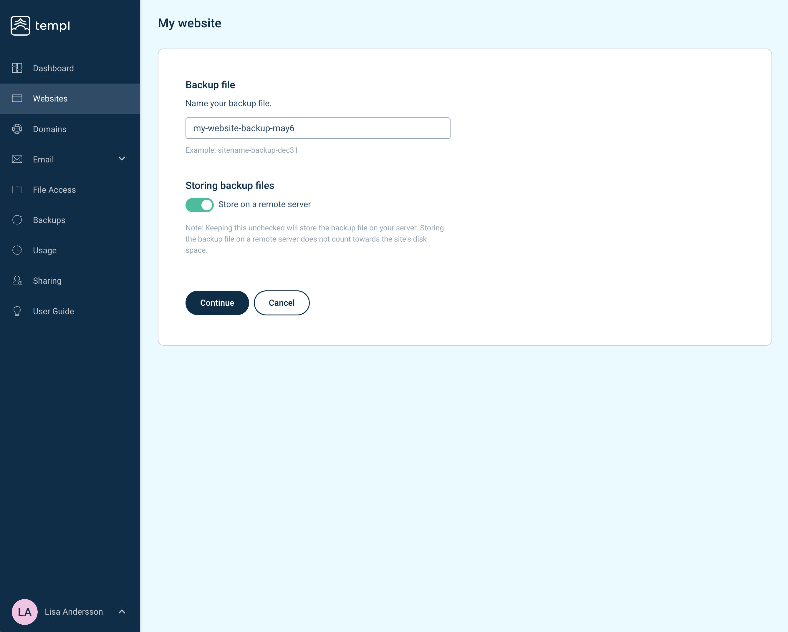 Naming a backup and choosing storage options in the Templ Panel