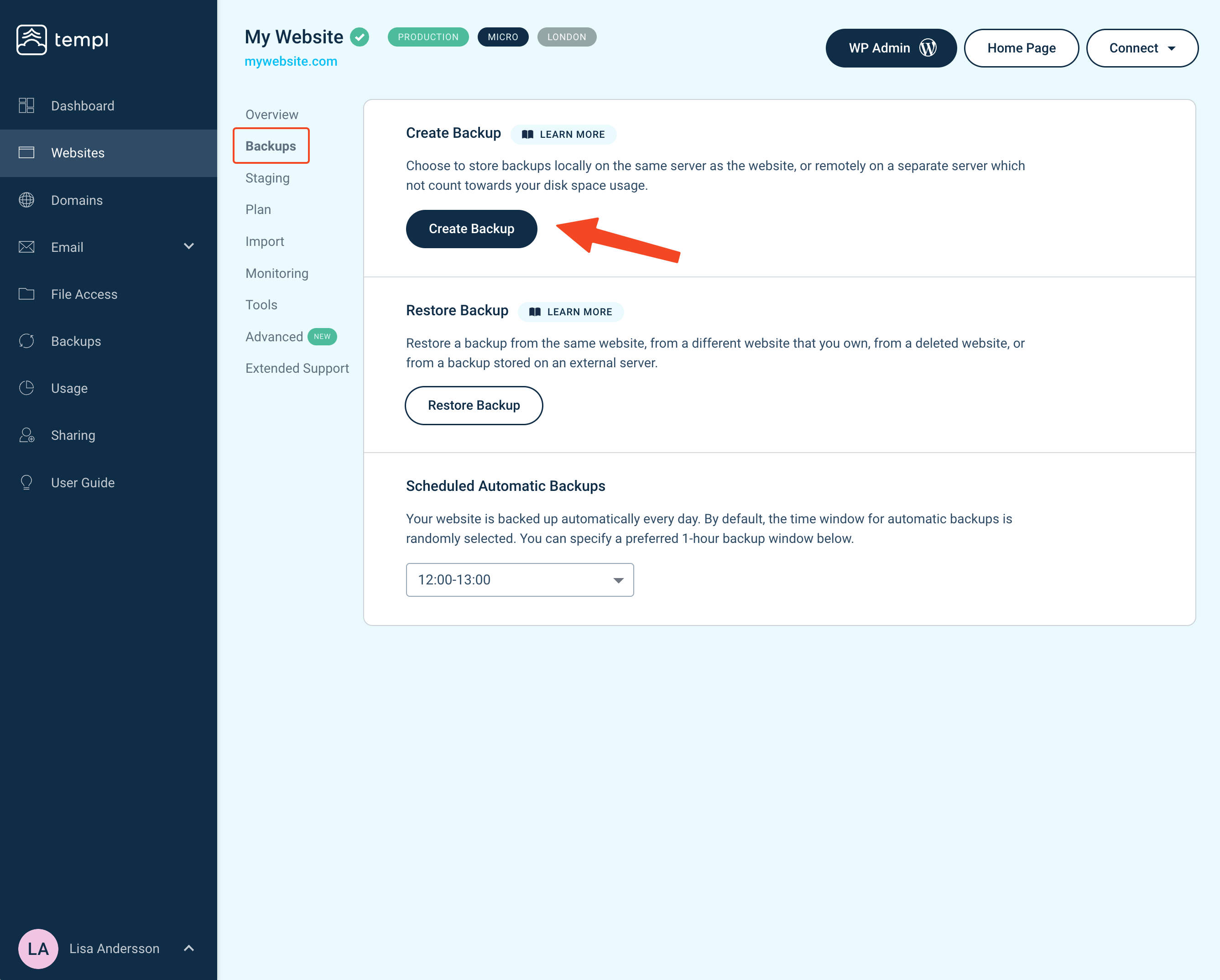 Create Backup button under a website's Backups tab in the Templ Panel