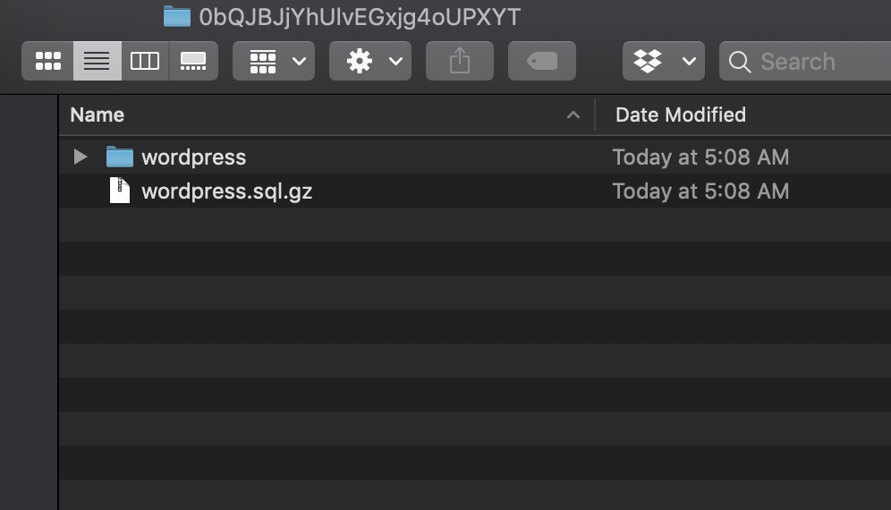 Extracted backup folder showing the database and wordpress folder