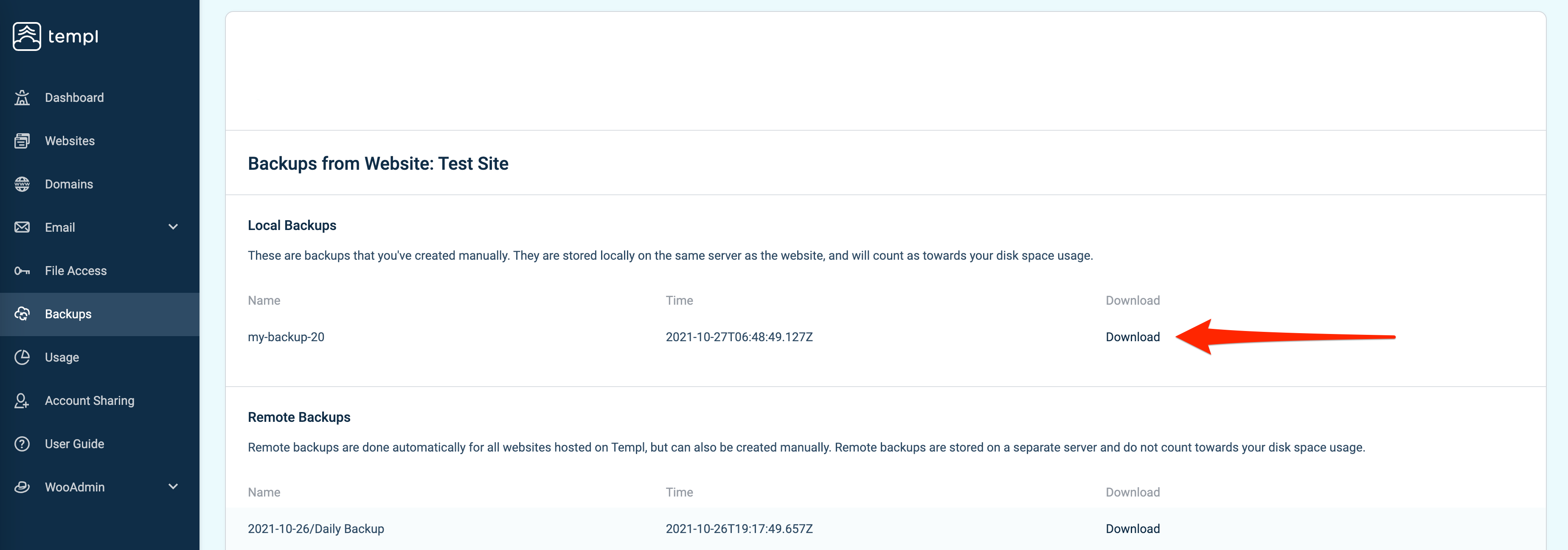 Generate link button next to a backup in the Templ Panel
