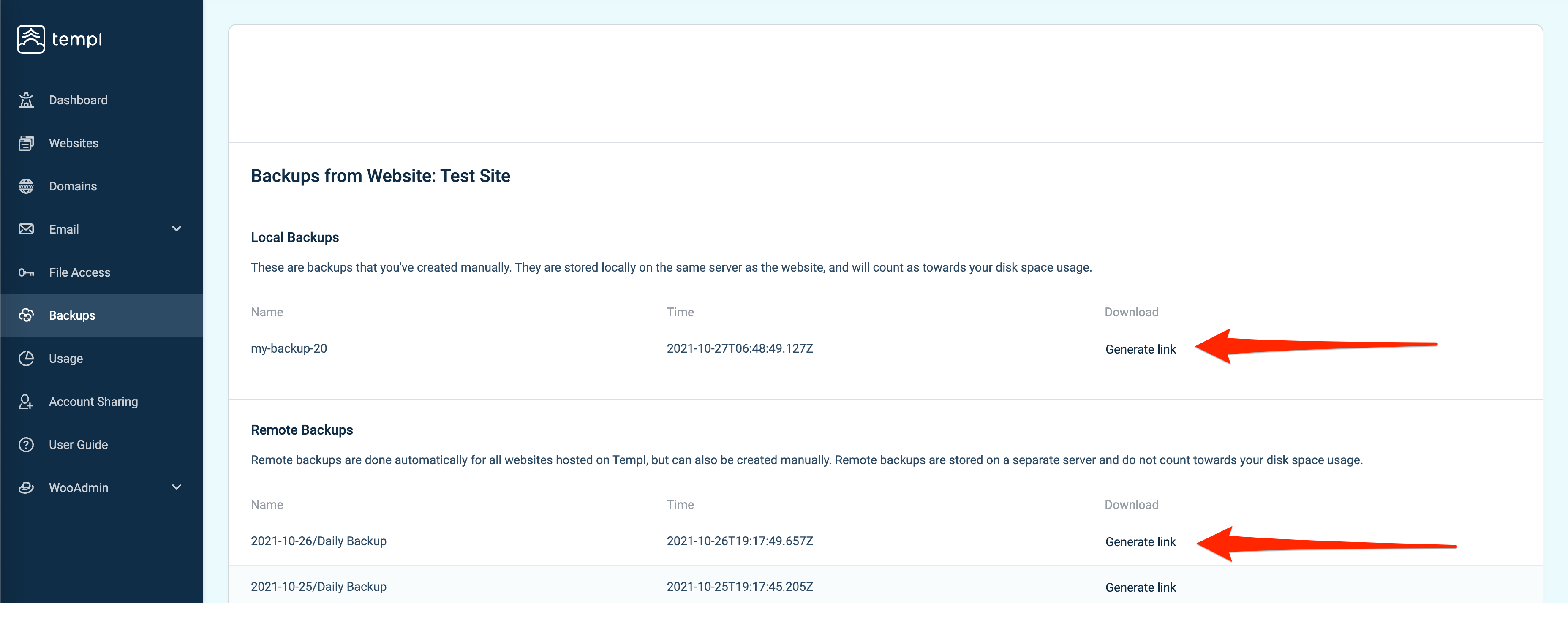 Selecting a website in the Templ Panel backup list