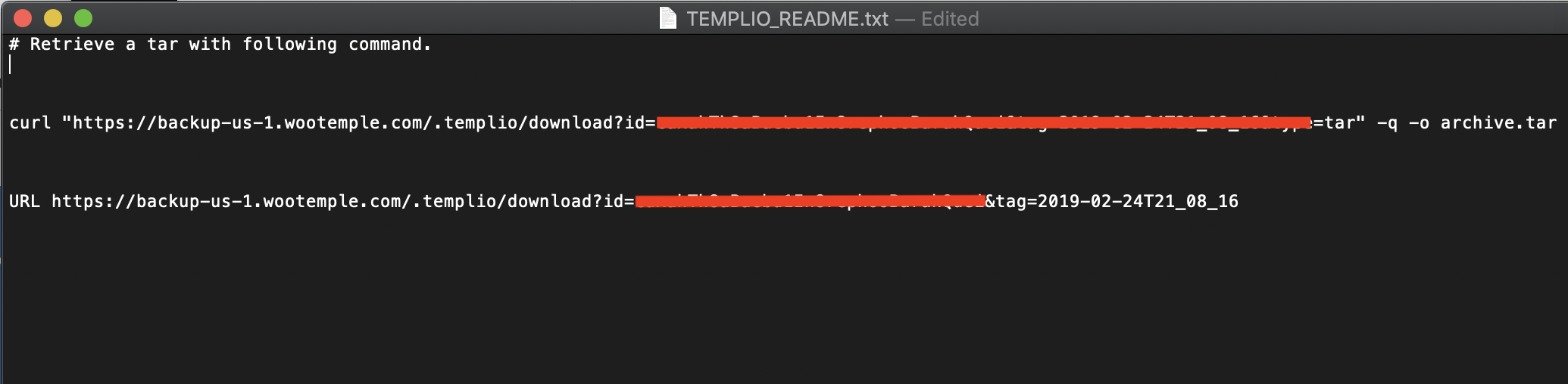 TEMPLIO_README.txt file containing the WordPress files download link