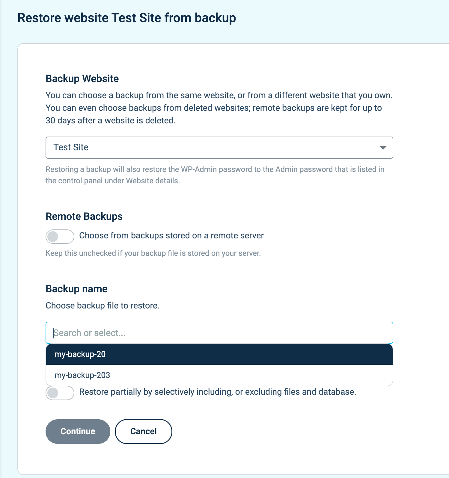 Selecting a backup source in the Templ Panel restore flow