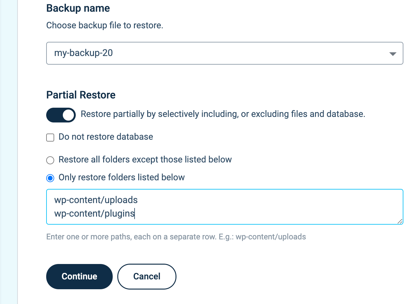 Partial restore options for including or excluding files and database