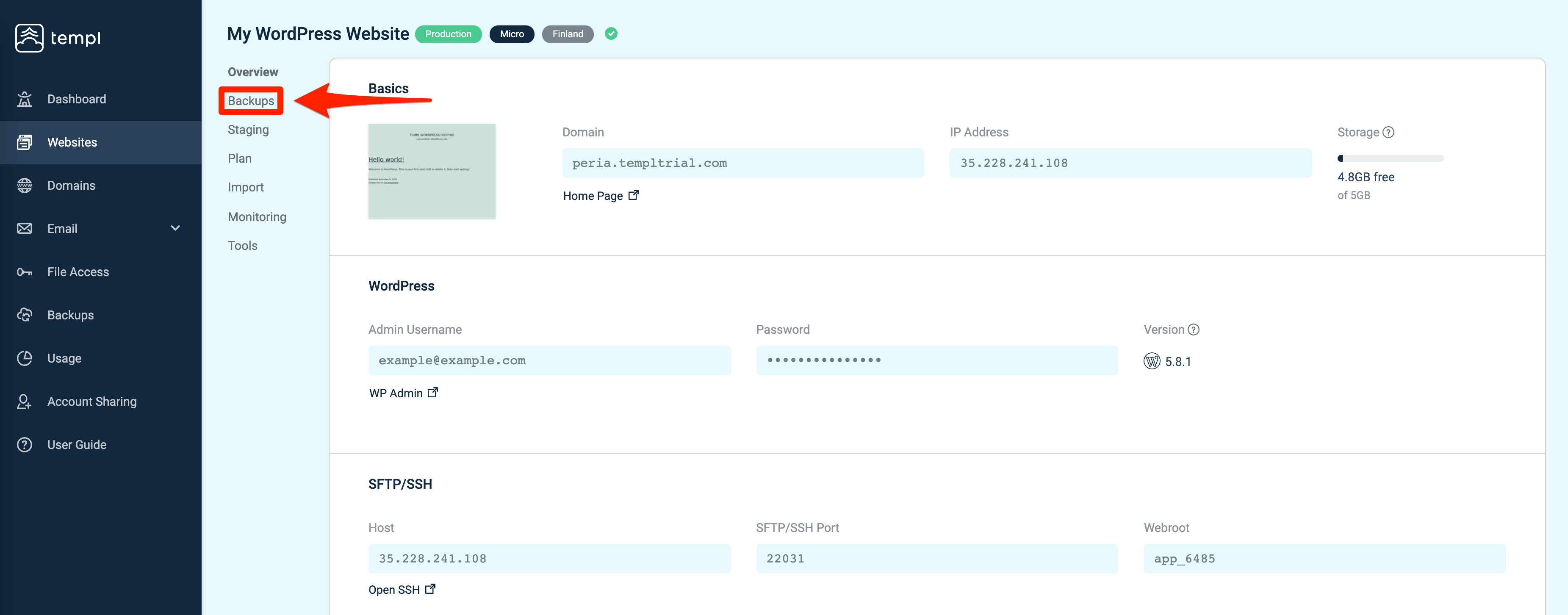 Restore Backup option under a website's Backups menu in the Templ Panel