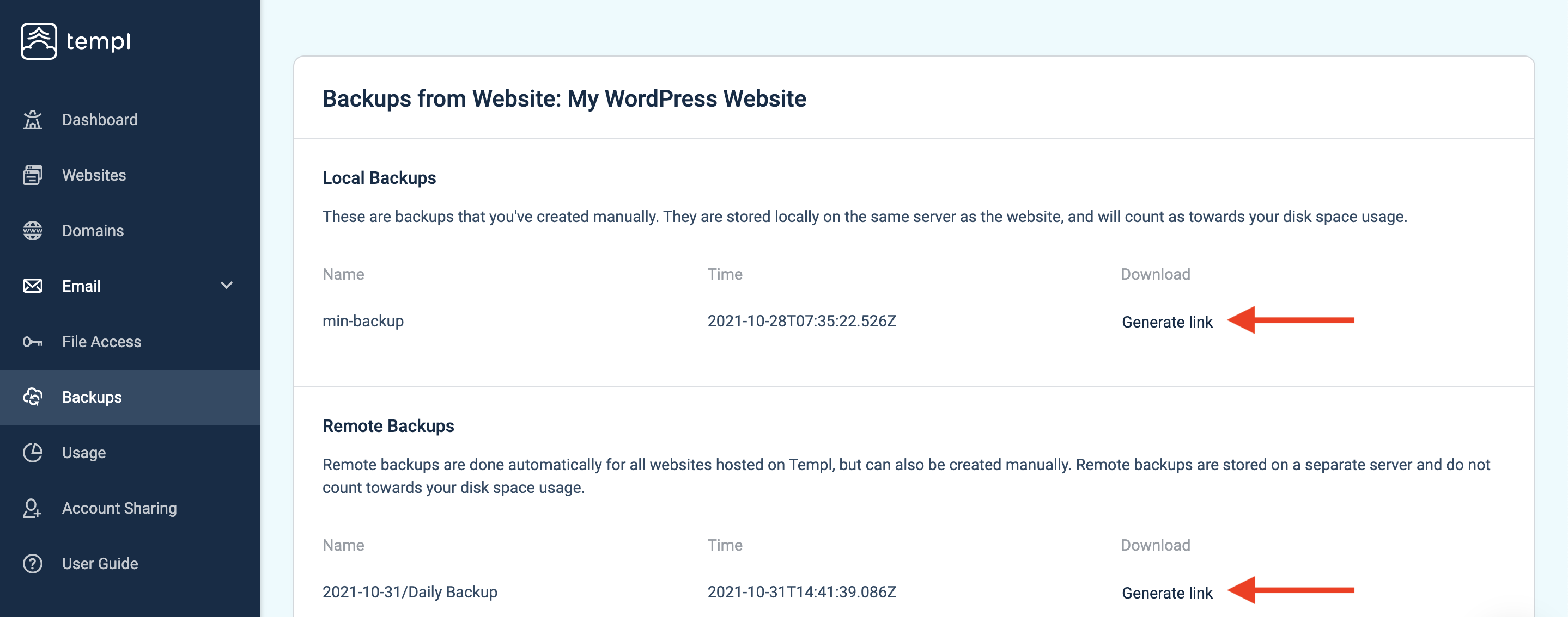 Templ Panel backups list with Generate link button