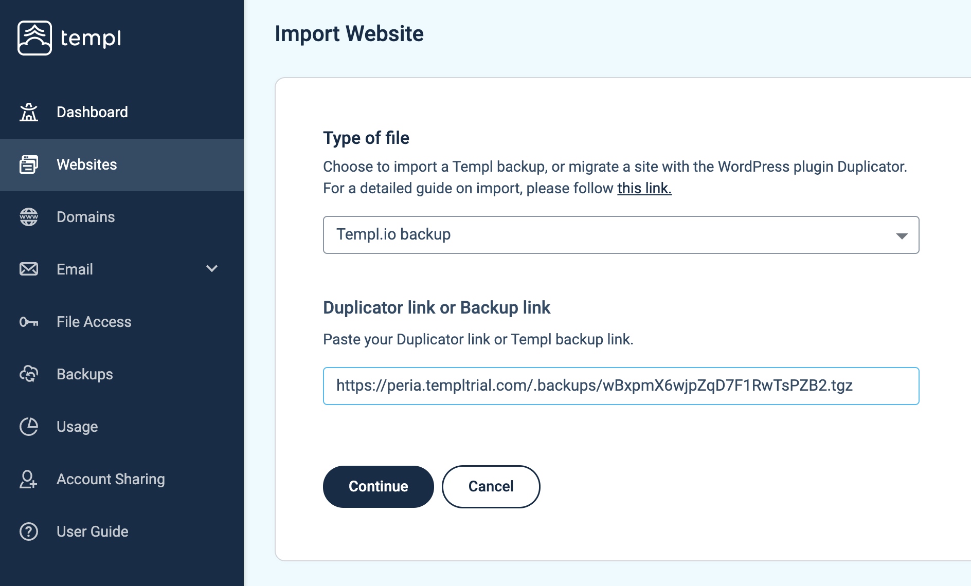 Templ Panel import with a Templ Backup link filled in