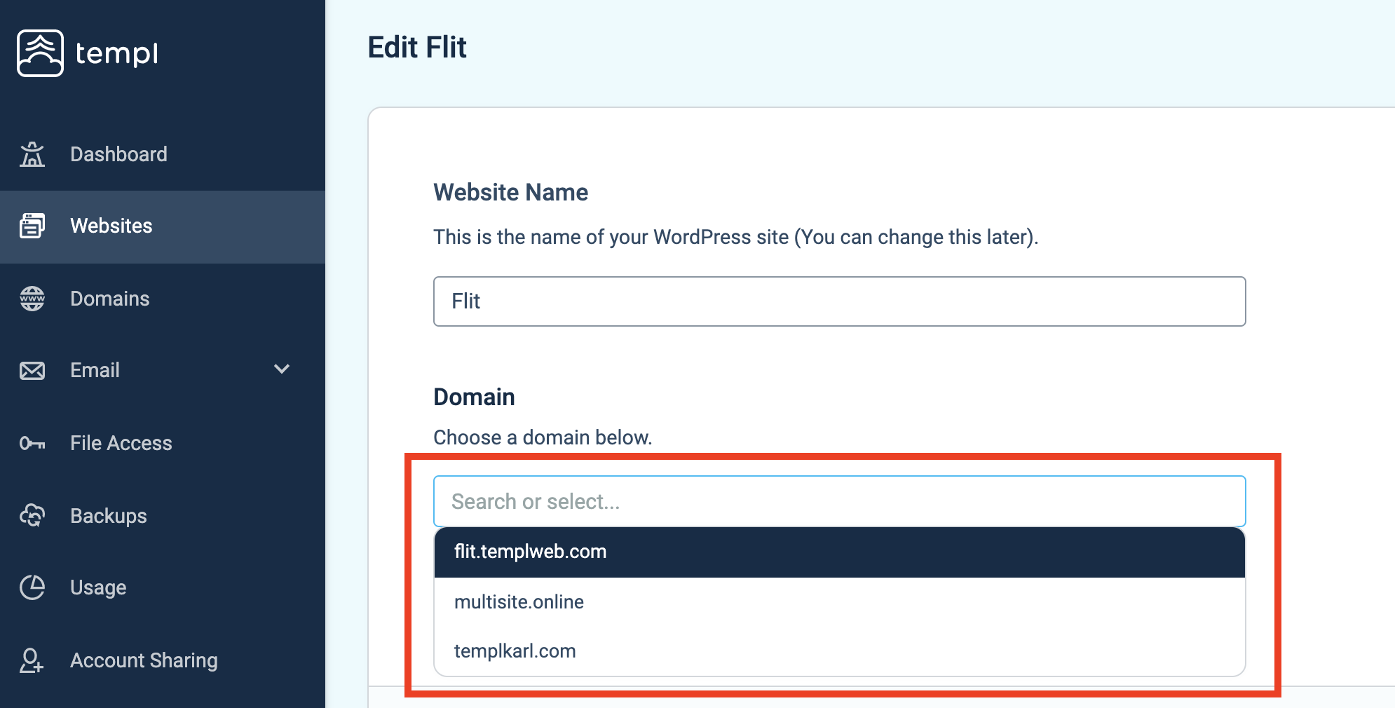 Domain drop-down list in the Edit Website Details page