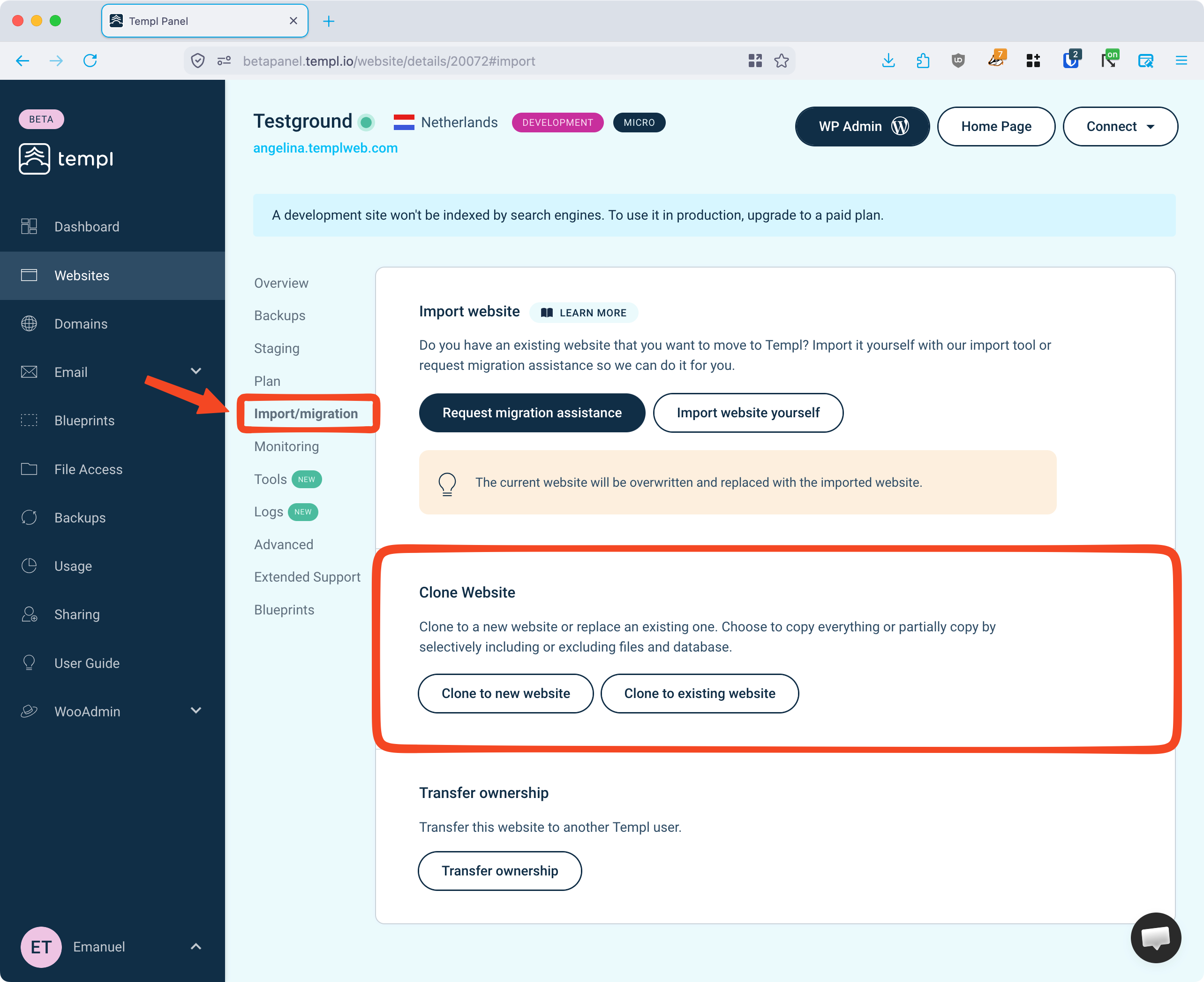 Templ Panel Import/migration page with Clone Website button