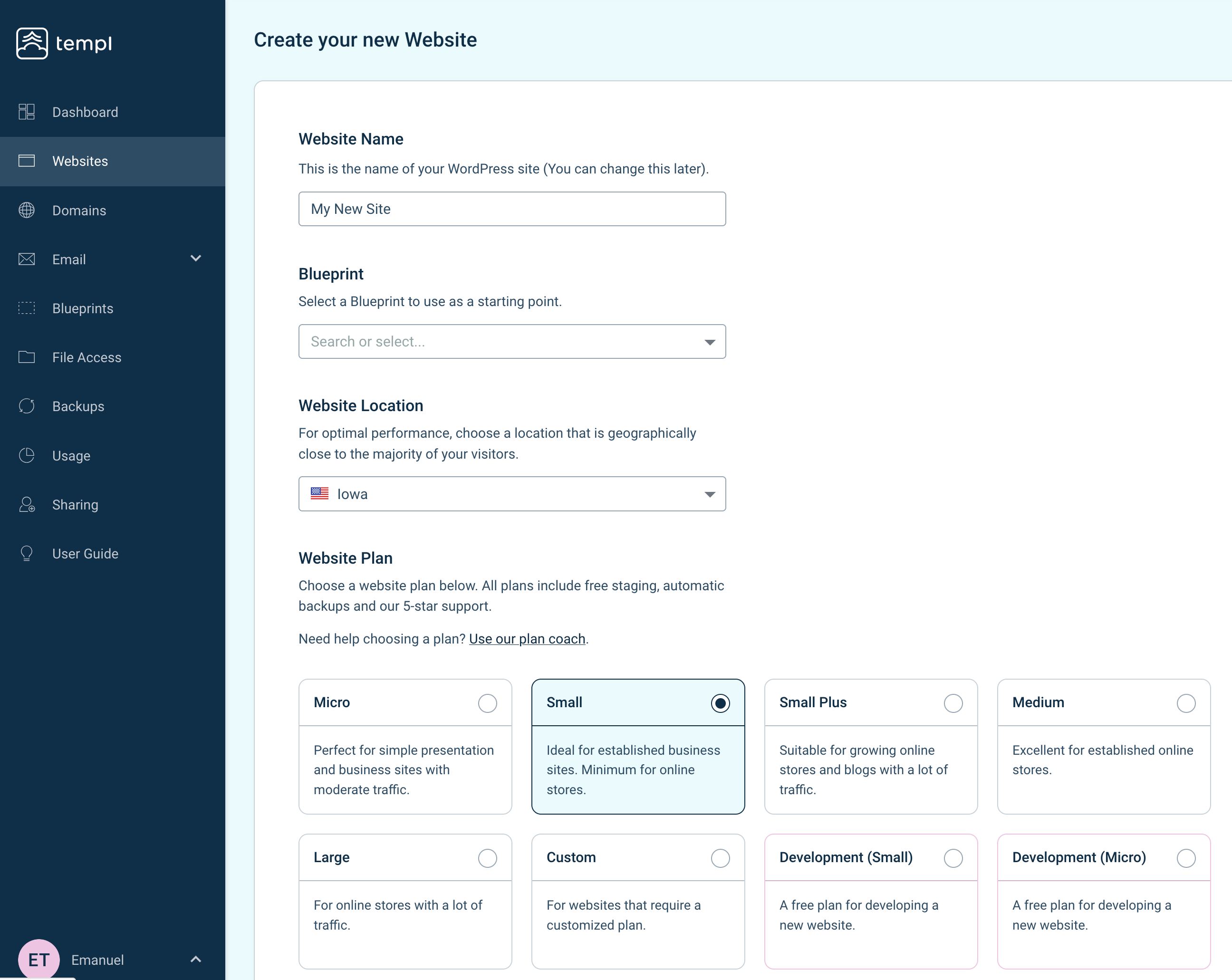 Templ Panel create website button on the website list