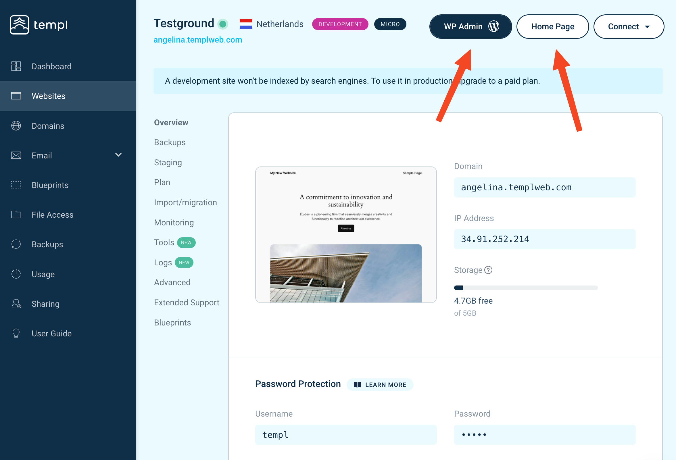 Templ Panel website details page with Home page and WP Admin buttons