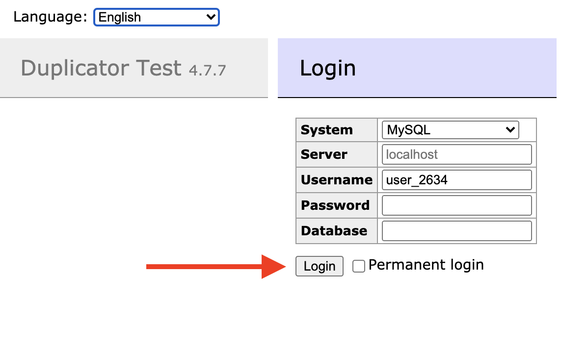 Adminer login form with the Login button in the Templ Panel