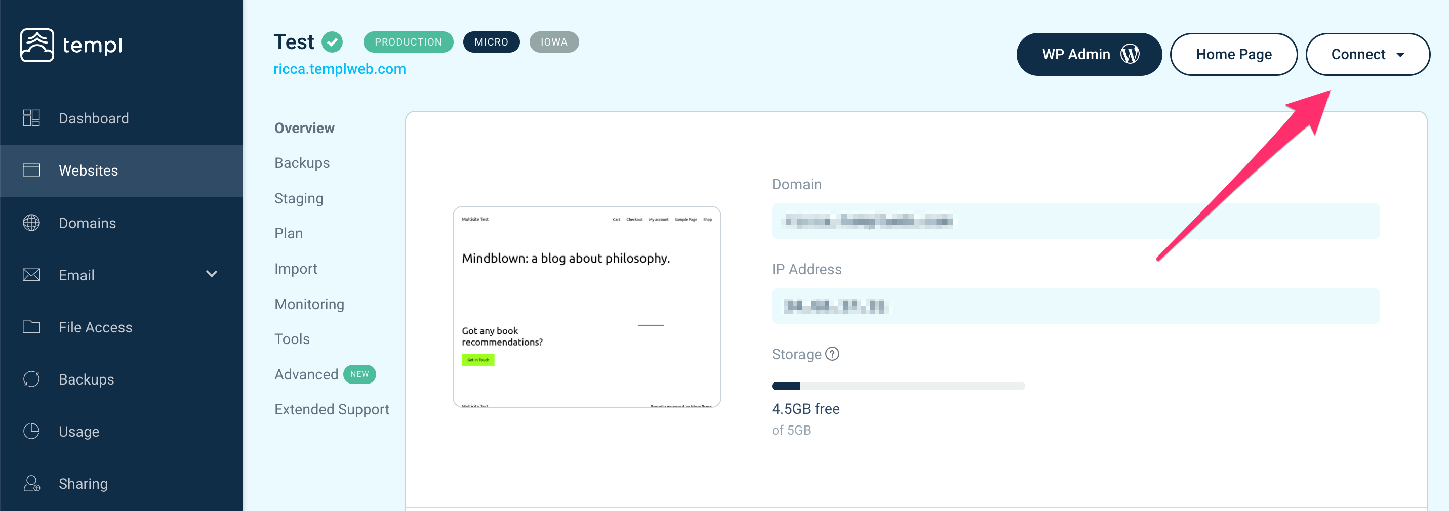 DB Admin option in the Templ Panel Connect menu