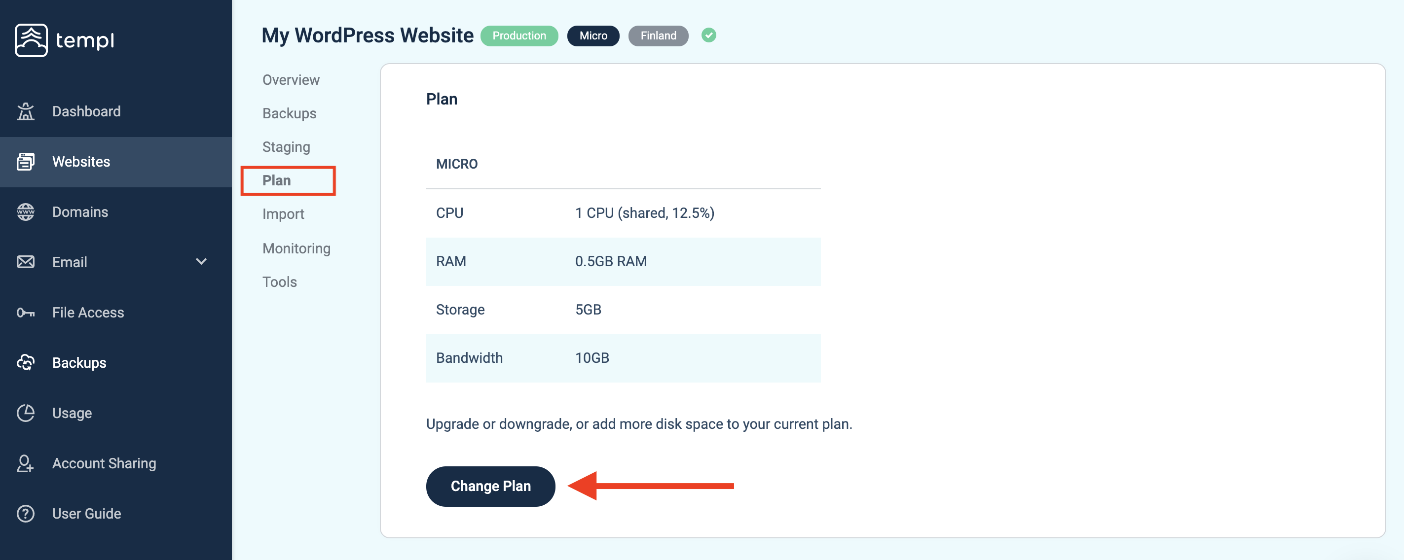 Templ Panel Plan page with the Change Plan button