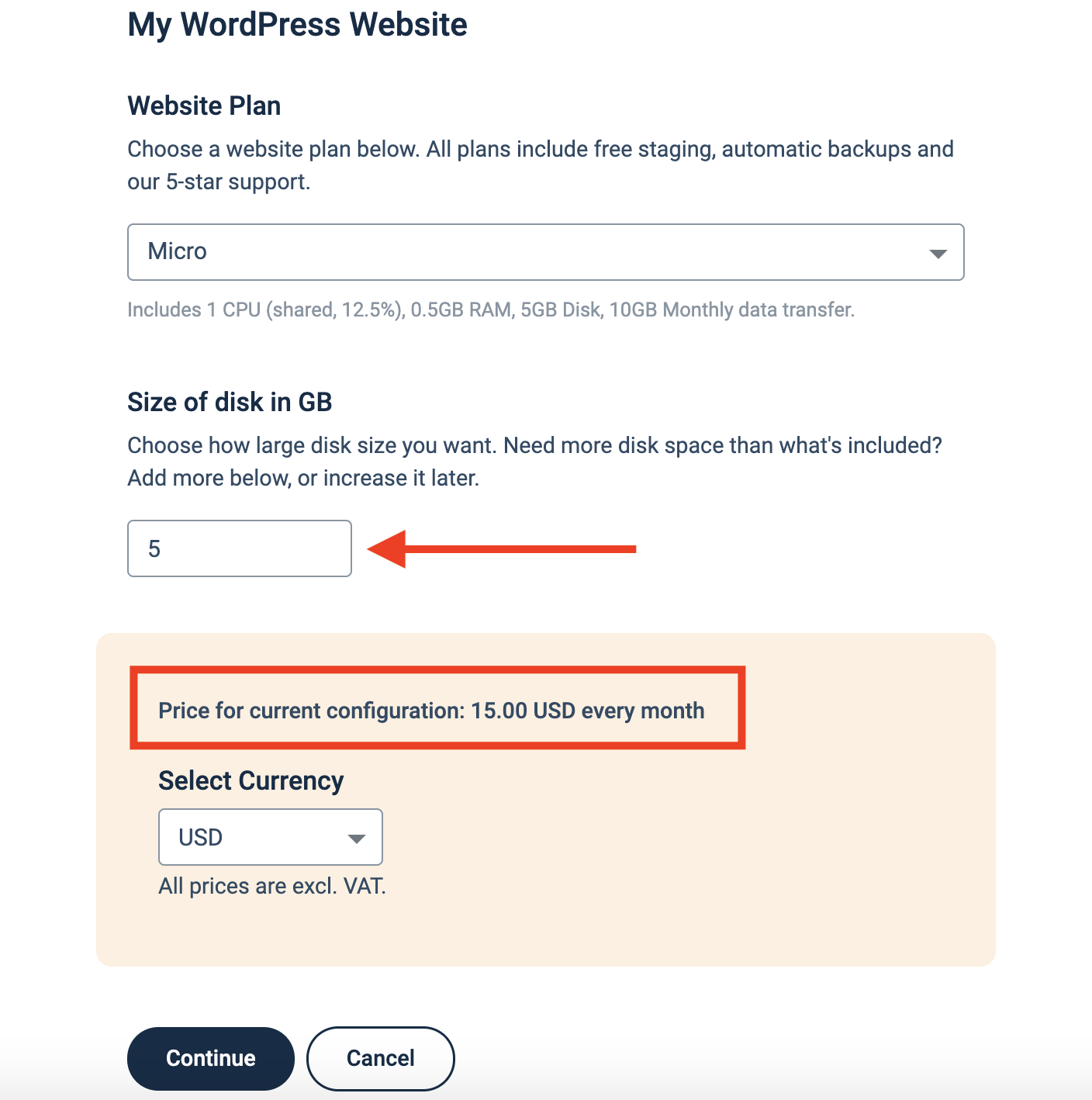Change Plan page for selecting how much disk space to add