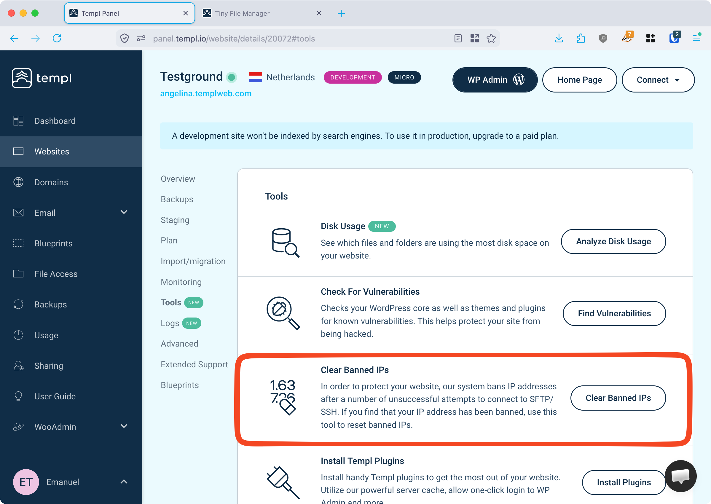 Clear banned IPs tool in the Templ Panel