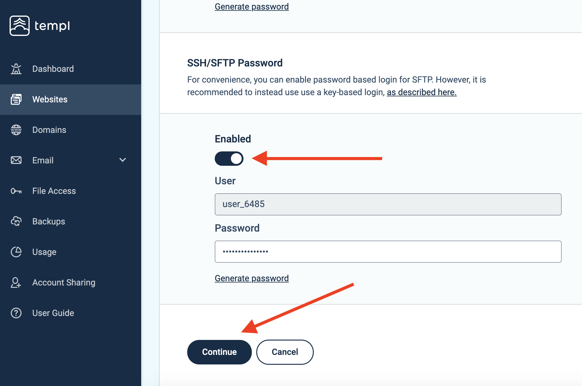 Enabling the SSH/SFTP password in the Templ Panel