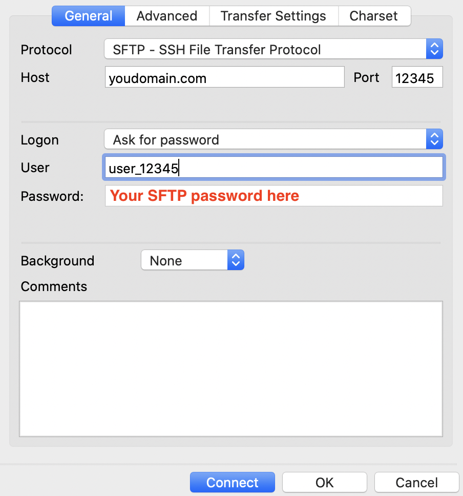 FileZilla configured with Templ SFTP password credentials