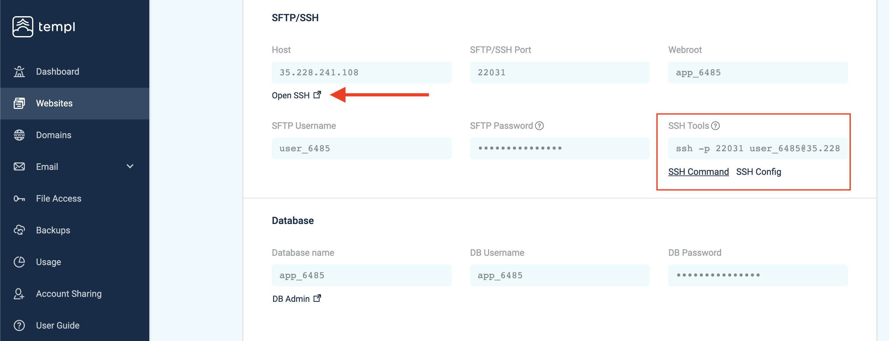 SSH connection options in the Templ Panel