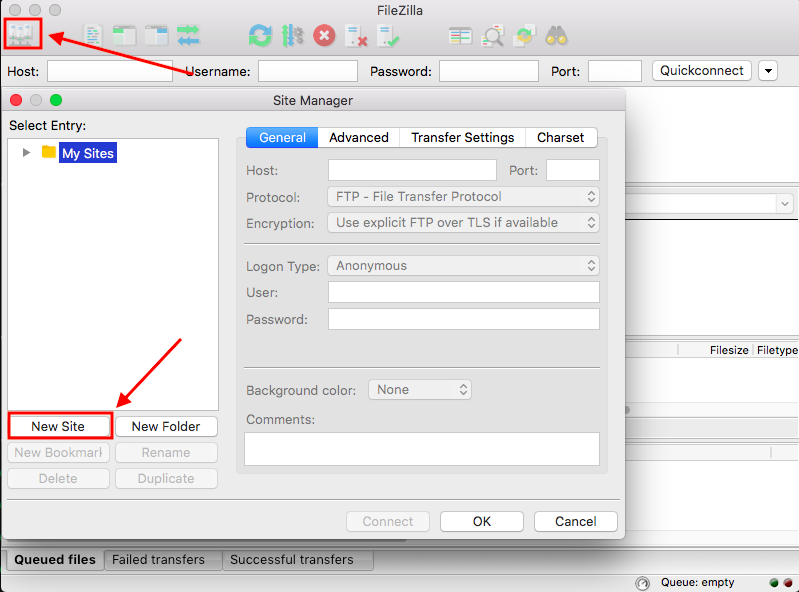 Site Manager and New Site buttons in FileZilla