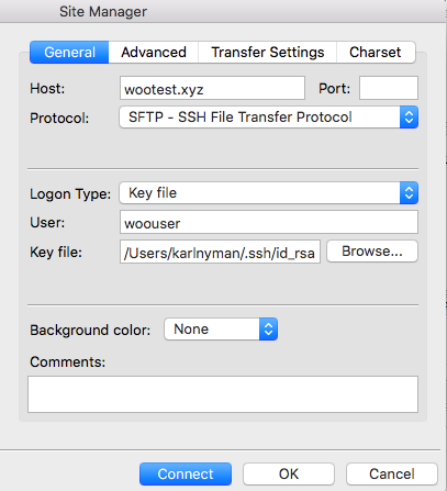 Completed FileZilla site configuration for a Templ site