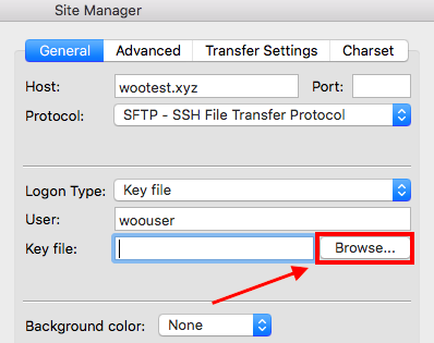 Browse button next to the Key file field in FileZilla