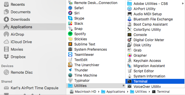 Terminal app location in Finder Applications Utilities on Mac
