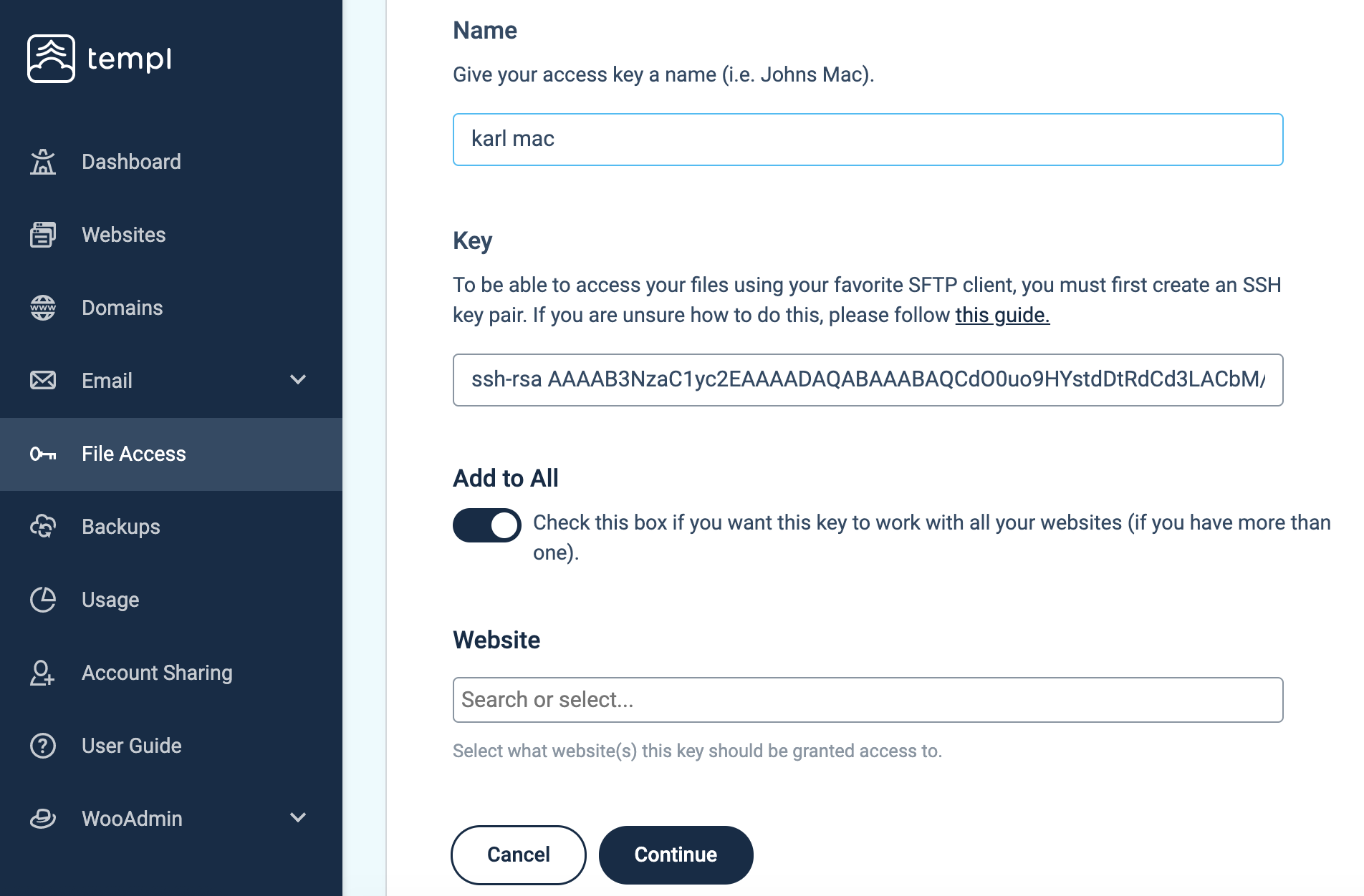 Adding an SSH access key in the Templ Panel