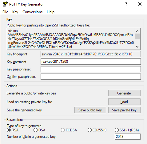 PuTTYgen showing a generated SSH key pair