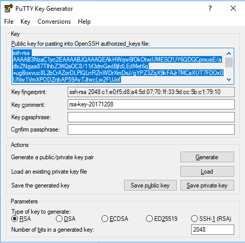Selecting and copying the public key text in PuTTY