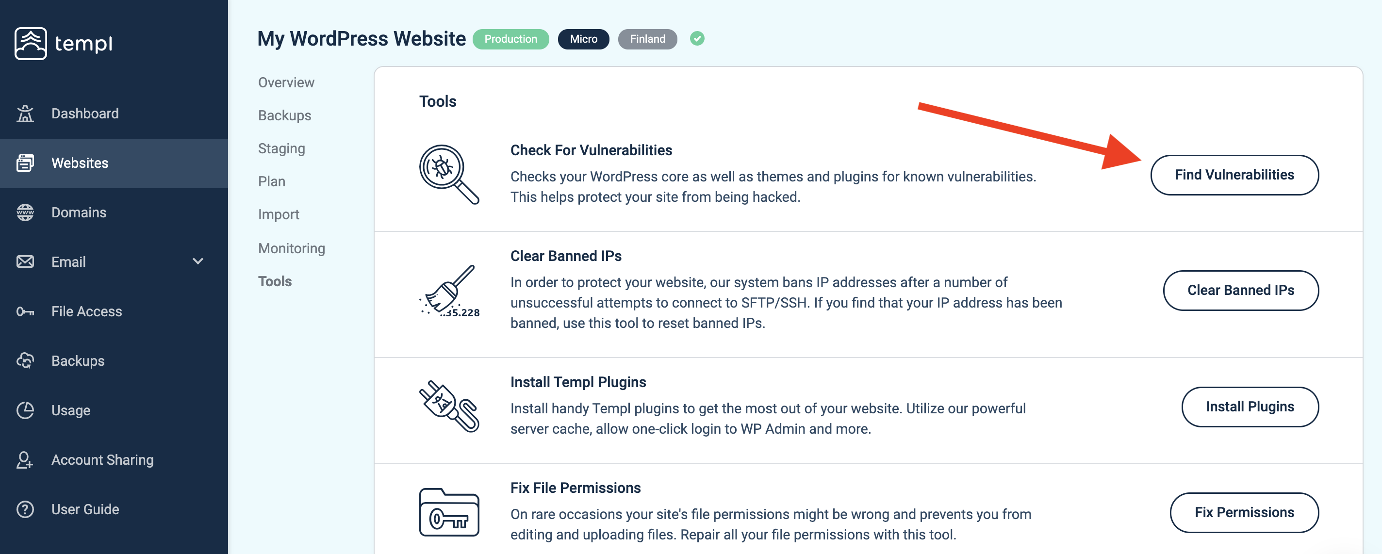 Find Vulnerabilities tool in the Templ Panel