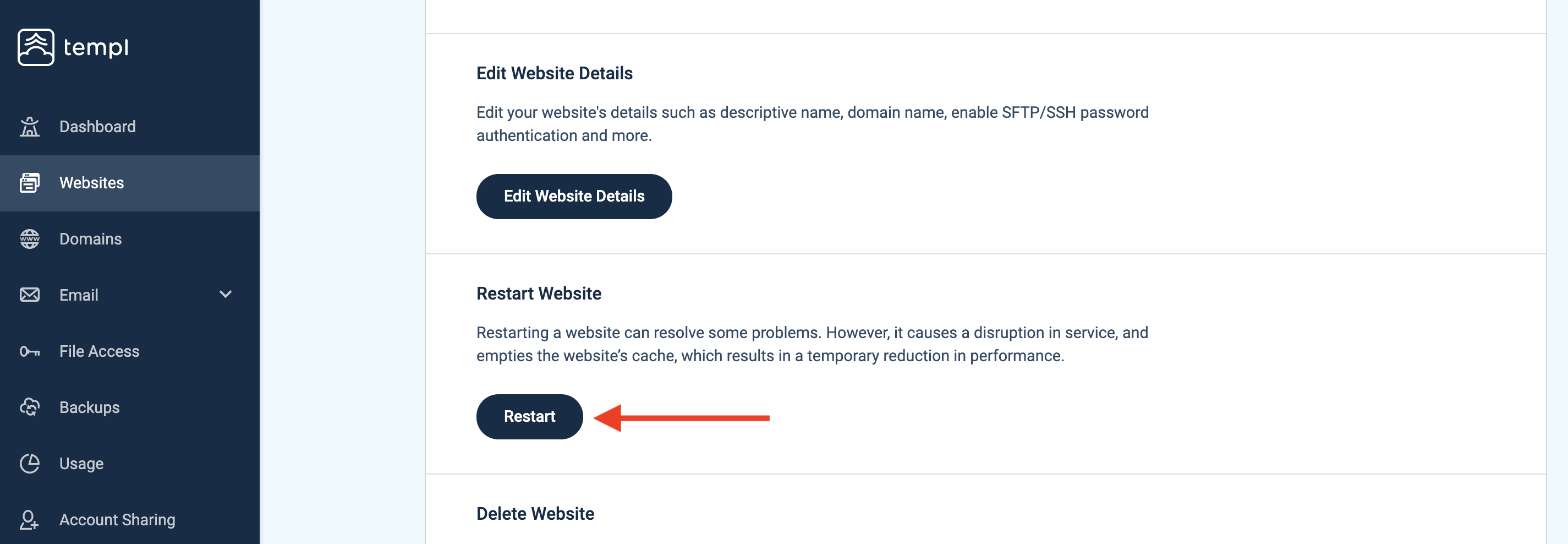 Restart Website button in the Templ Panel website overview