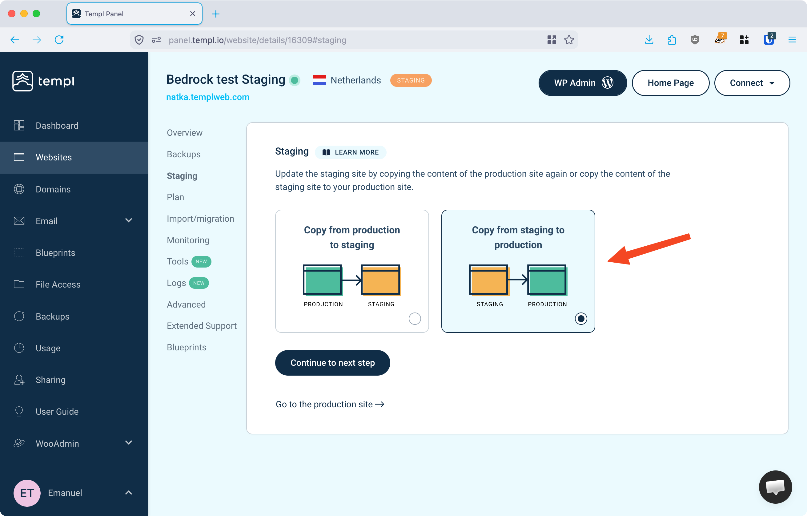 Staging page with the option to copy from staging to production