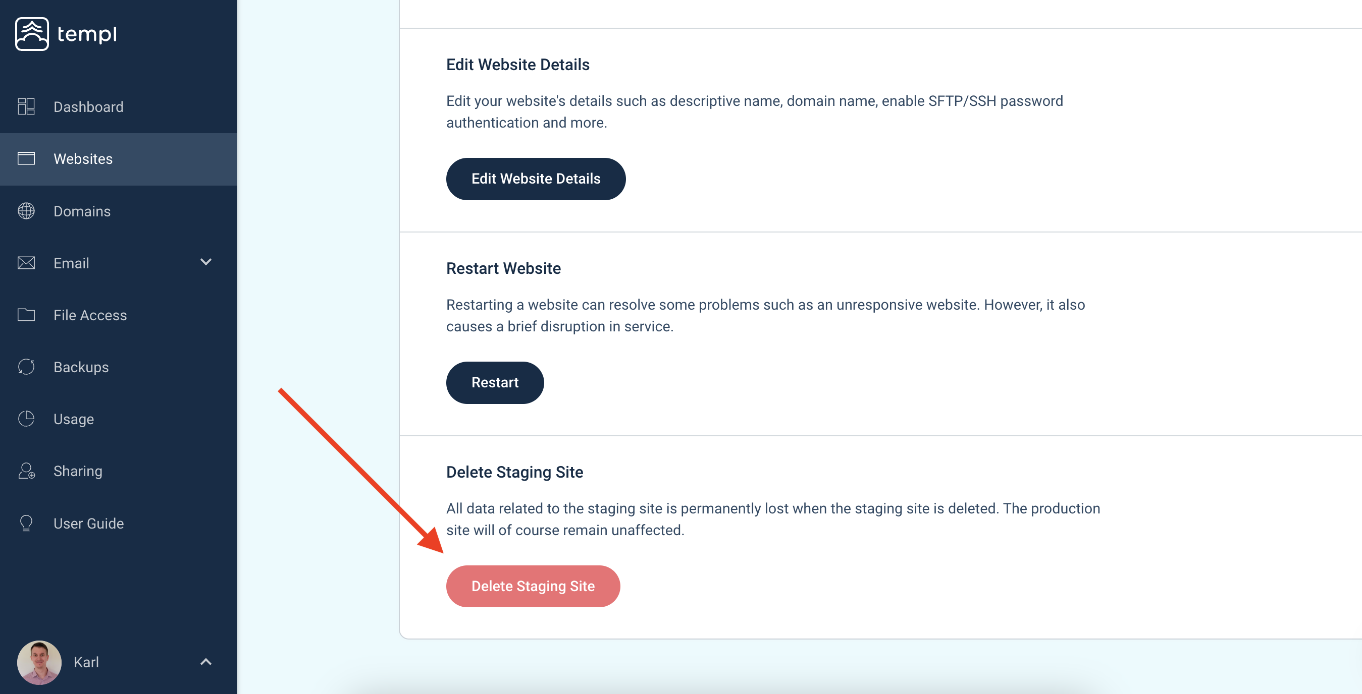 Delete button for a staging site in the Templ Panel