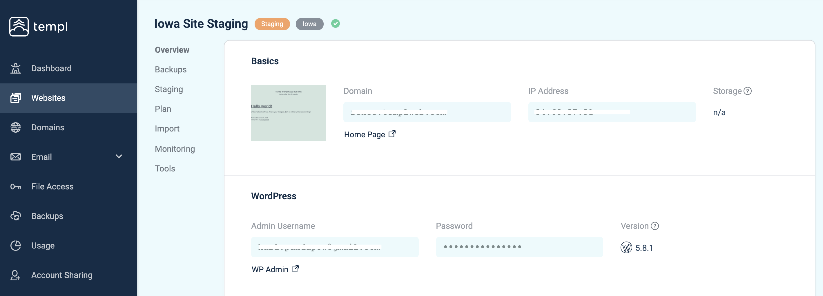 Templ Panel staging site overview