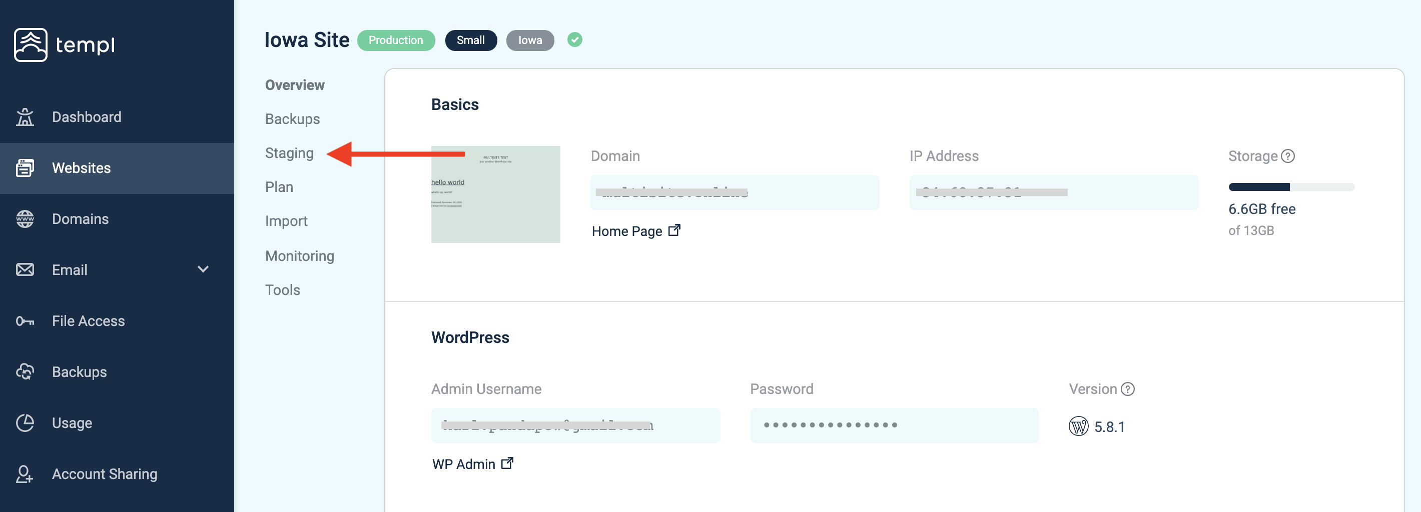 Templ Panel website details with the Staging link and Create button
