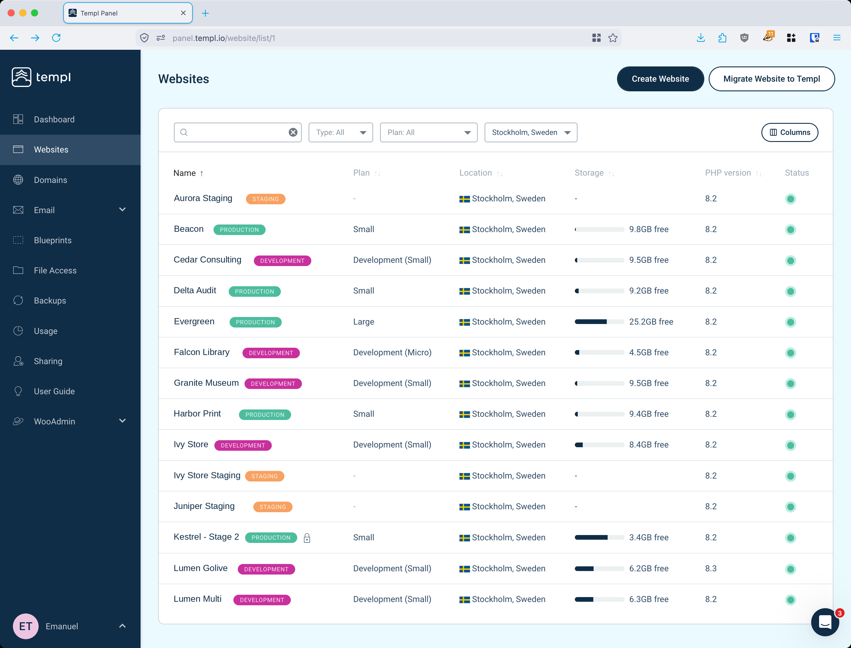 The Websites list in the Templ Panel with the column picker open