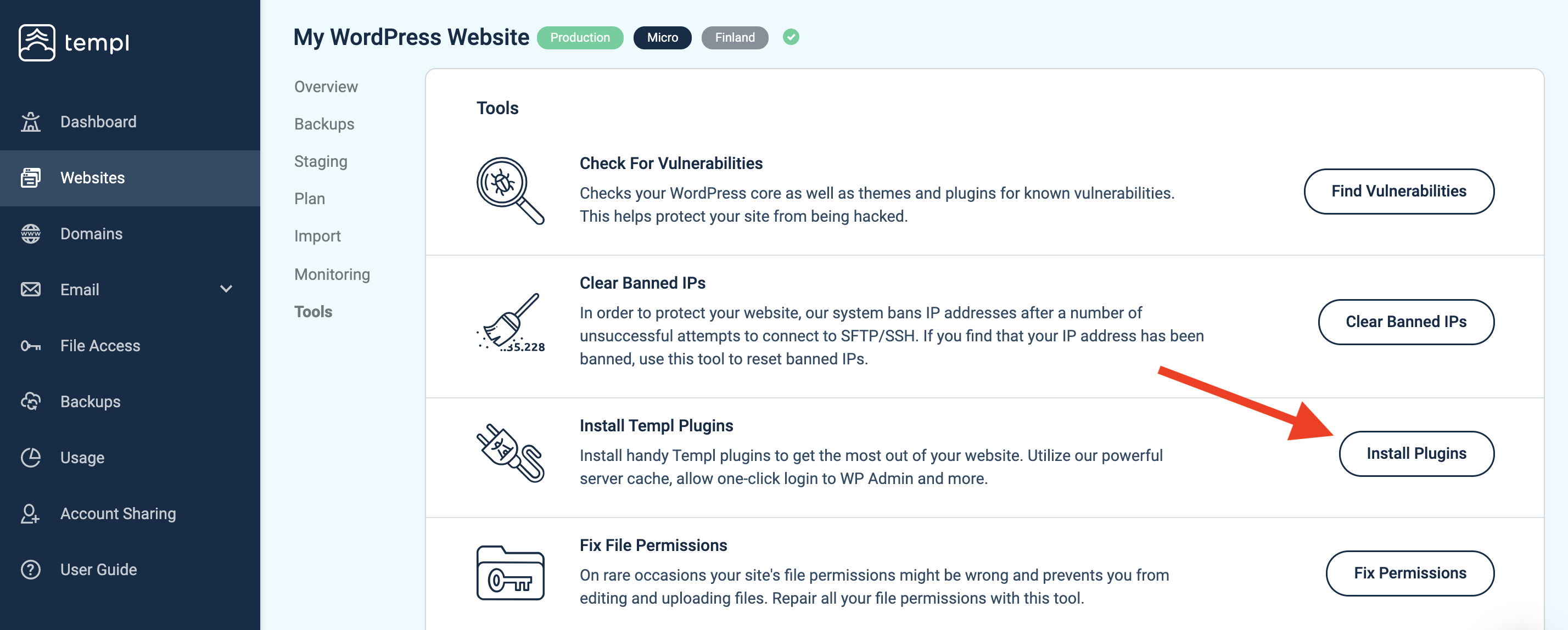 Templ Panel Tools menu with Install Plugins option