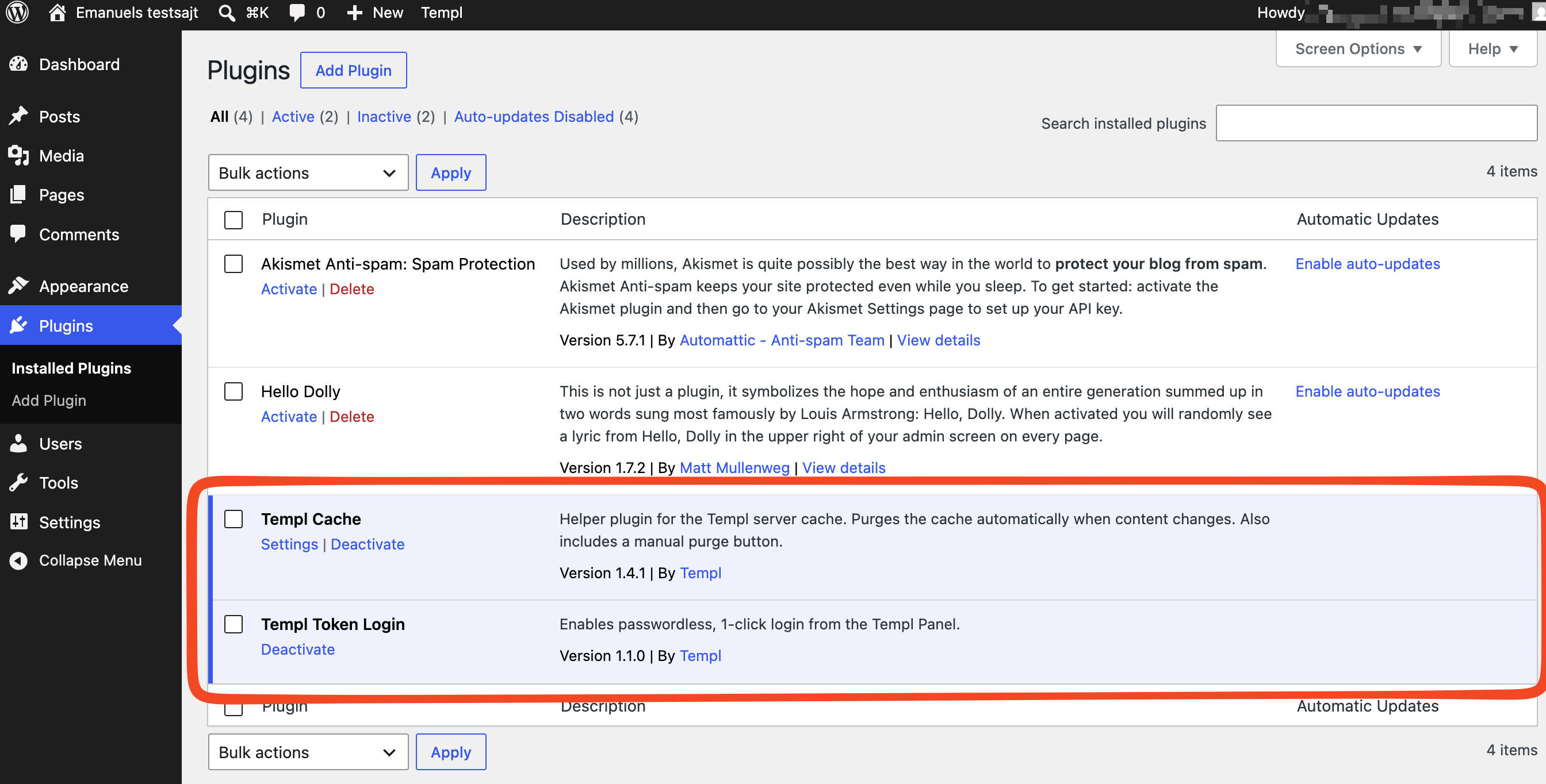 List of installed Templ WordPress plugins
