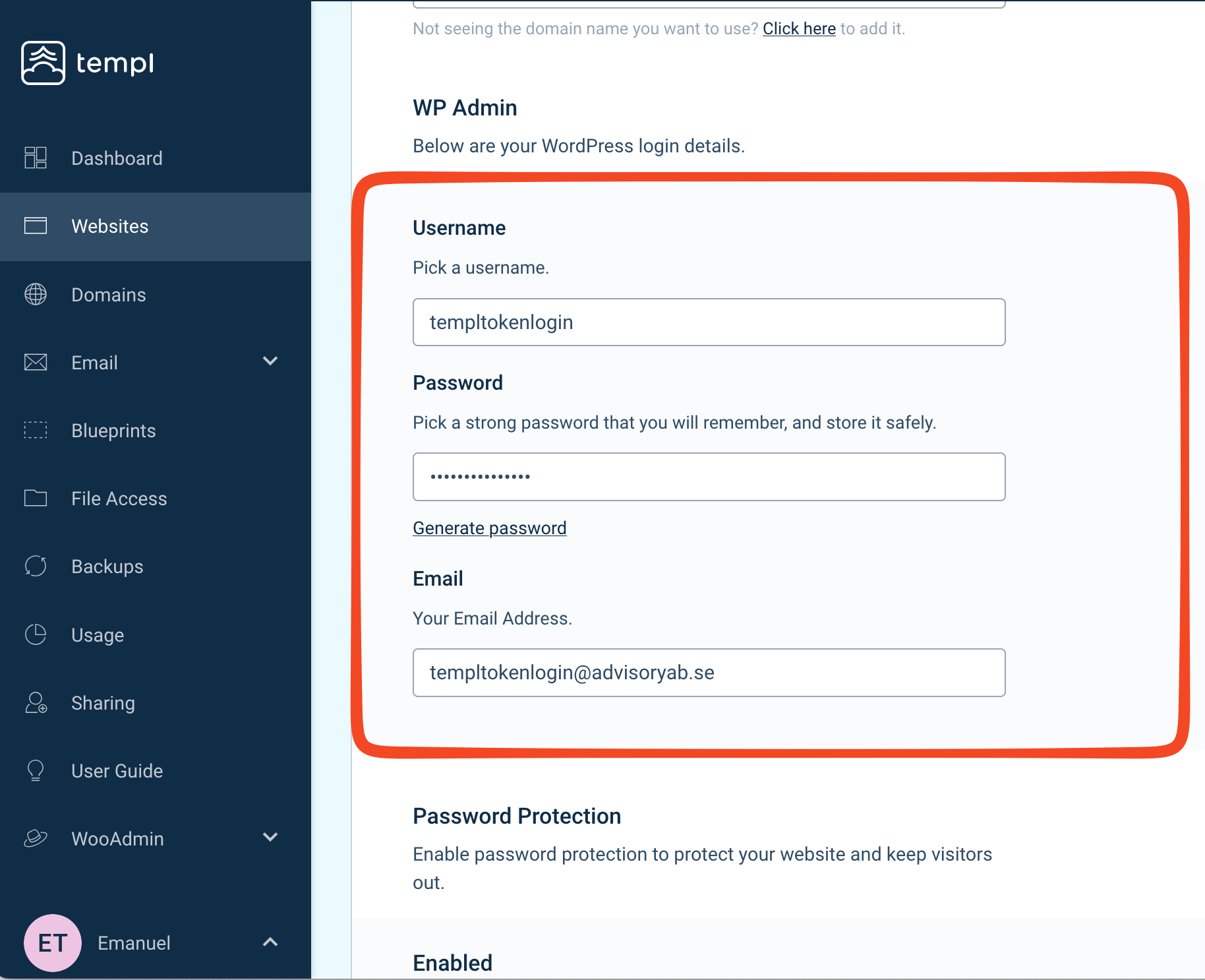 The WP Admin form in Edit Website Details, with Username, Password, and Email fields